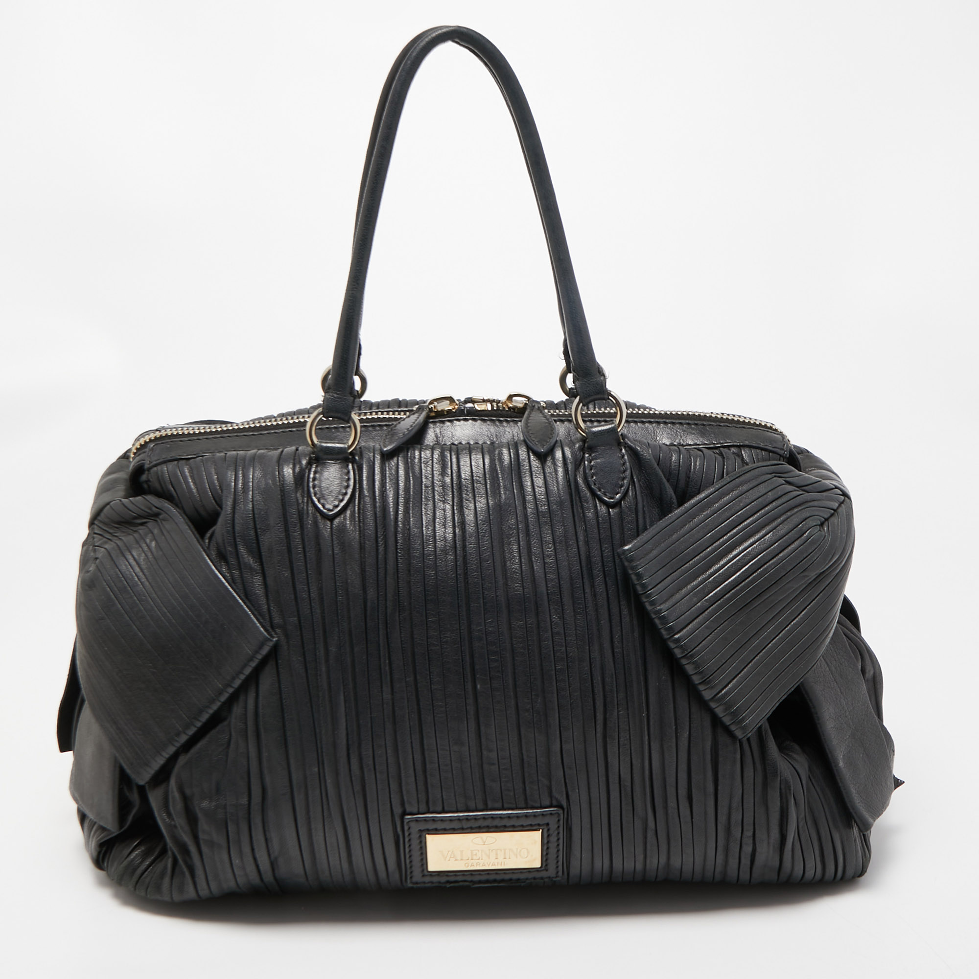 Valentino Black Pleated Leather Side Bow Satchel