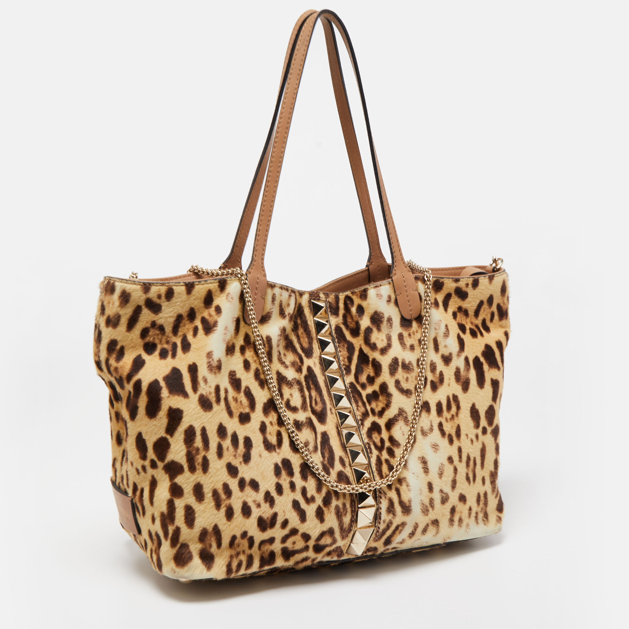 Valentino Brown/Beige Leopard Print Calf Hair And Leather Tote