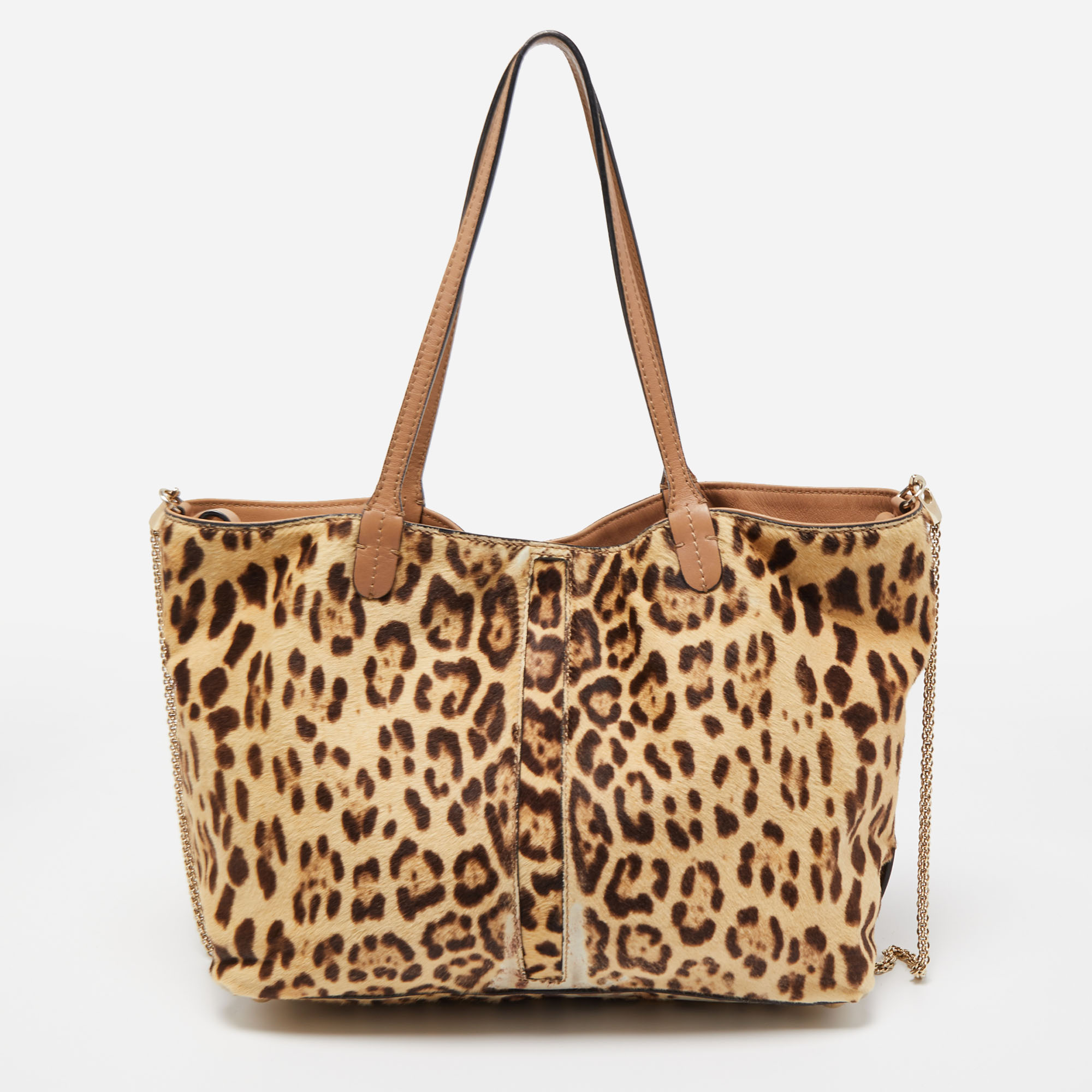 Valentino Brown/Beige Leopard Print Calf Hair And Leather Tote
