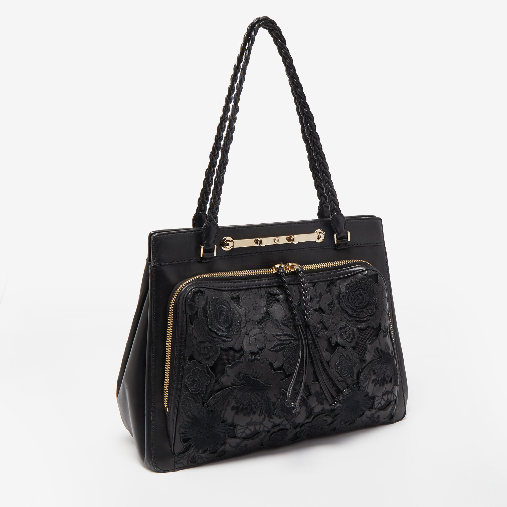 Valentino Black Leather And Lace Lace Demetra Tote