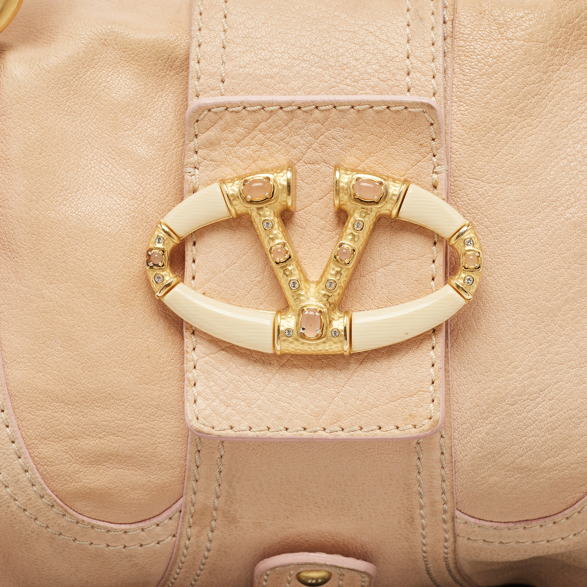 Valentino Peach Leather Crystals Embellished Catch Satchel