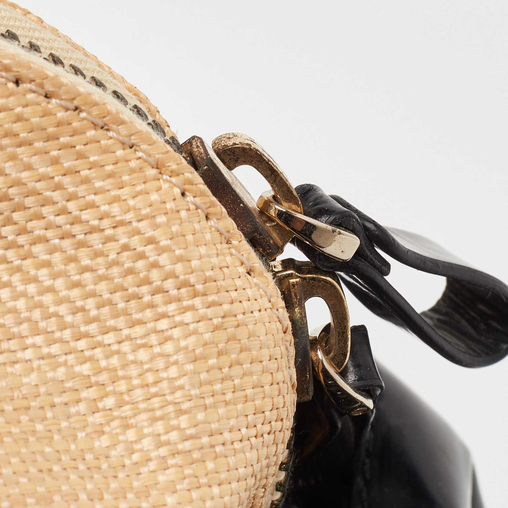 Valentino Beige/Black Raffia,Patent Leather And Lace Bow Dome Satchel