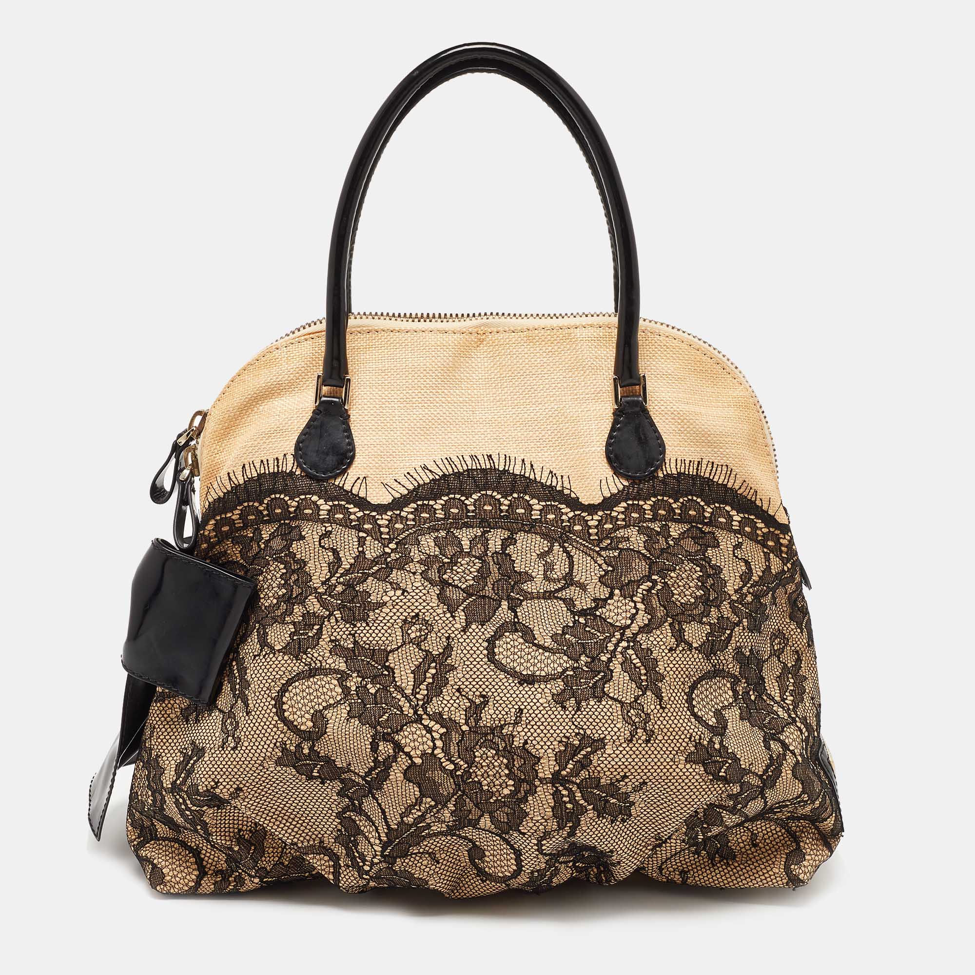 Valentino beige/black raffia,patent leather and lace bow dome satchel