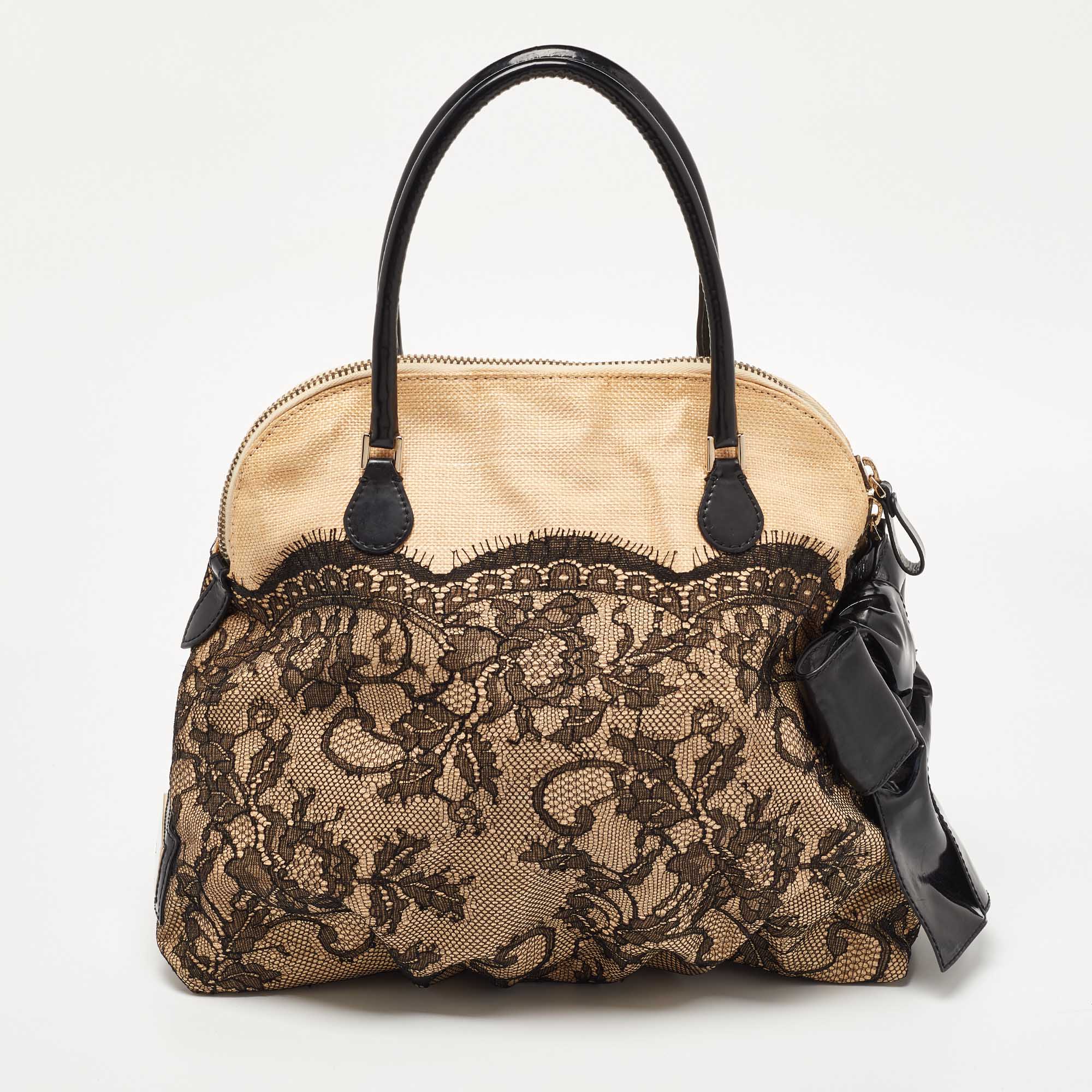 Valentino Beige/Black Raffia,Patent Leather And Lace Bow Dome Satchel