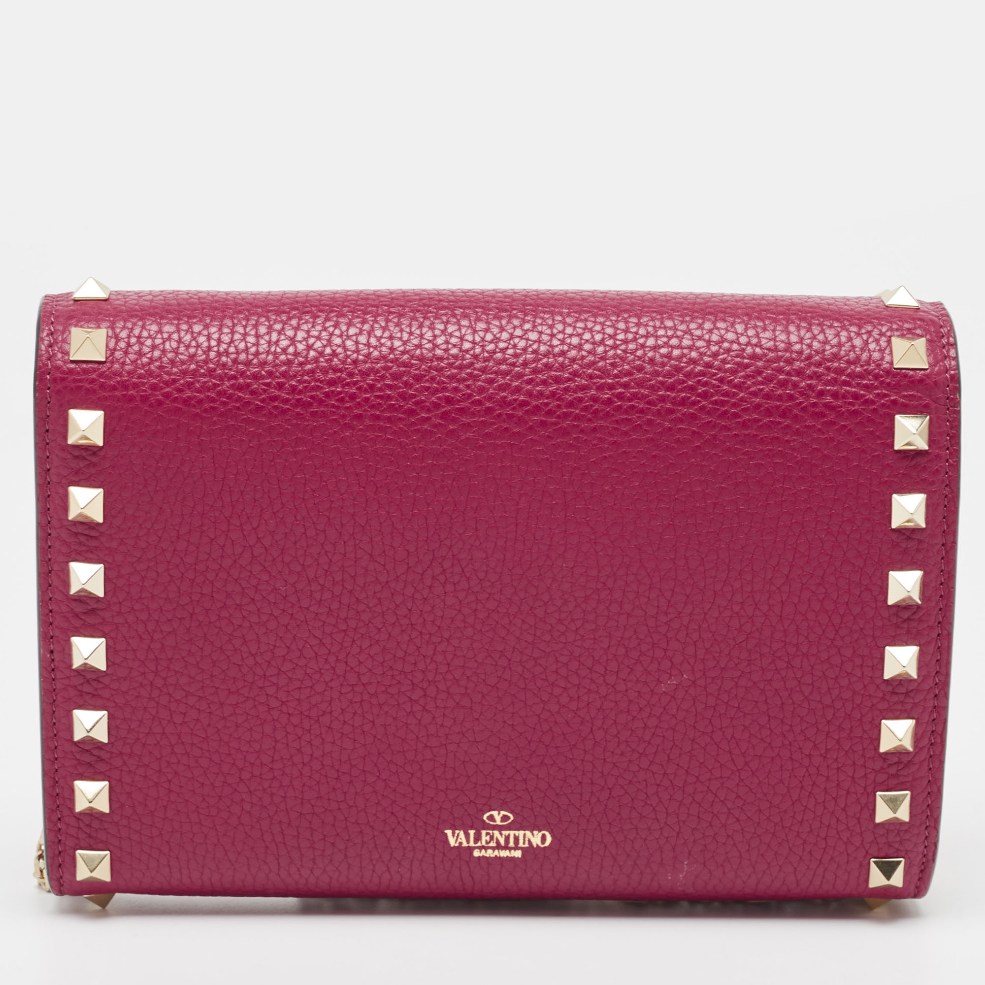 Valentino Pink Leather Rockstud Envelope Wallet On Chain