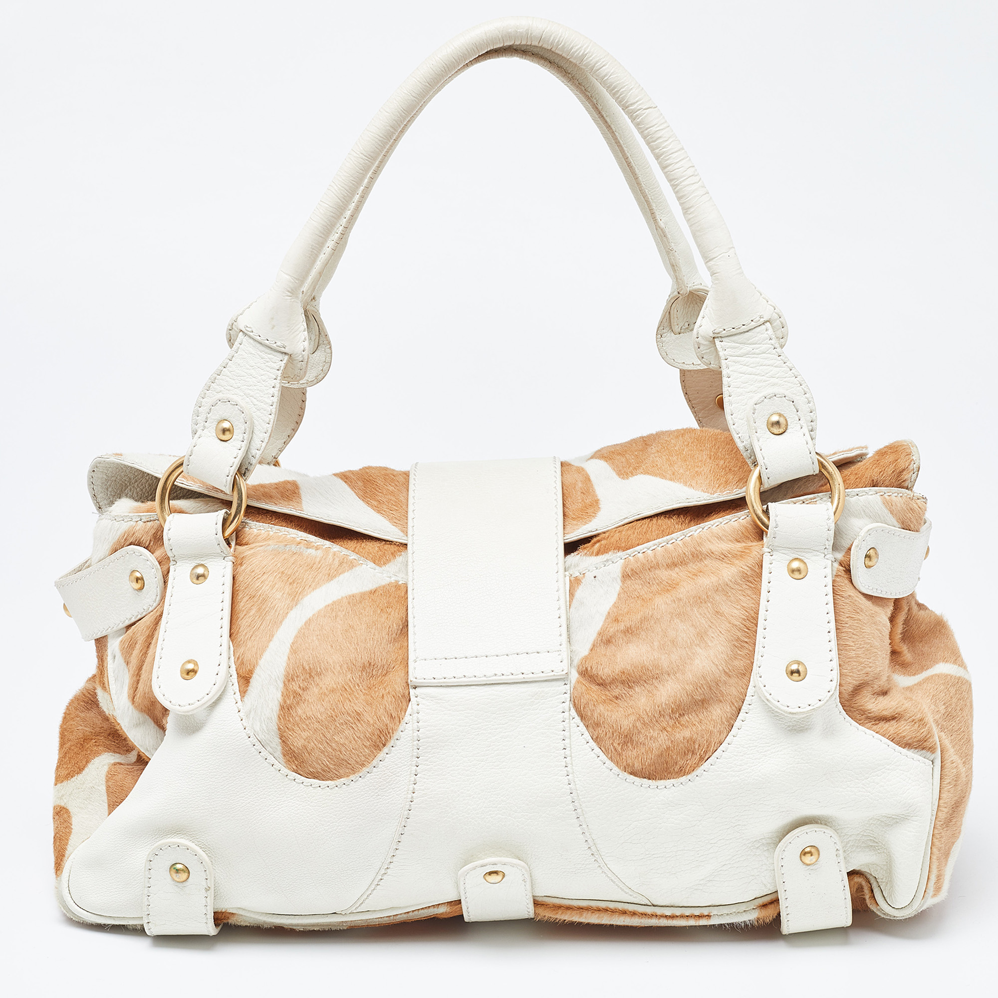 Valentino Beige/White Calfhair And Leather VLogo Satchel