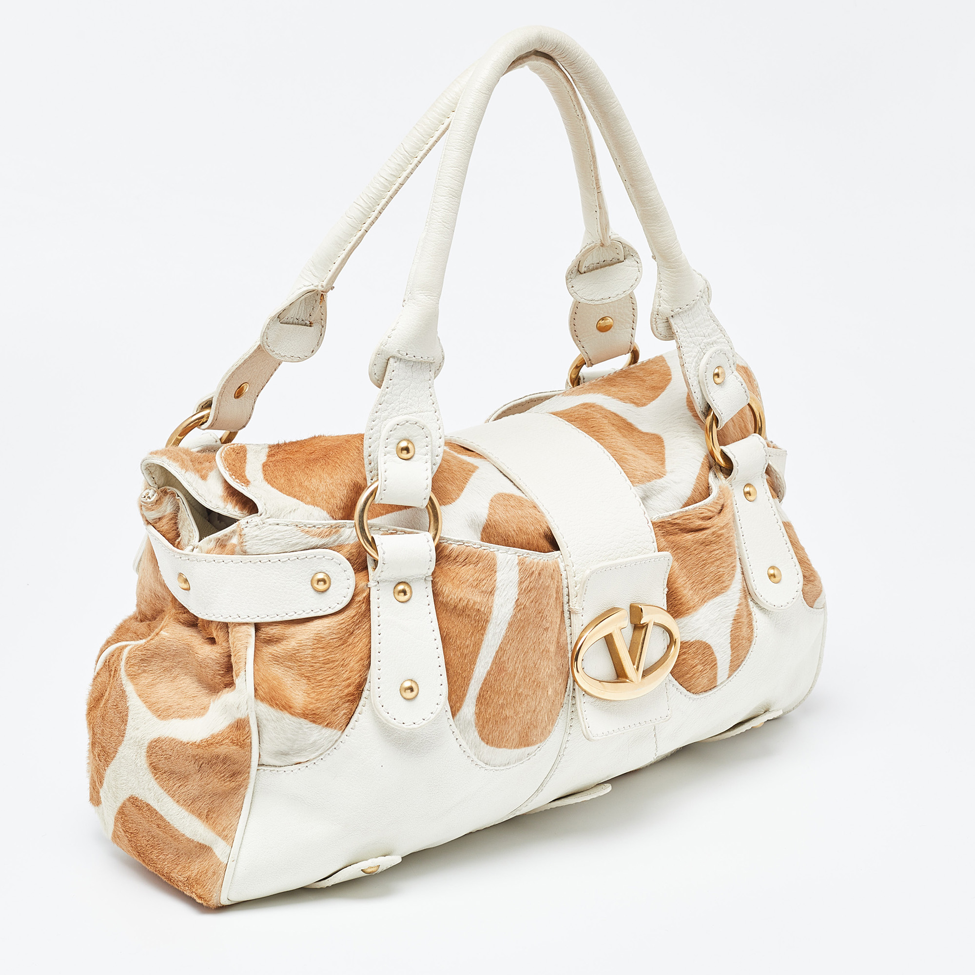 Valentino Beige/White Calfhair And Leather VLogo Satchel