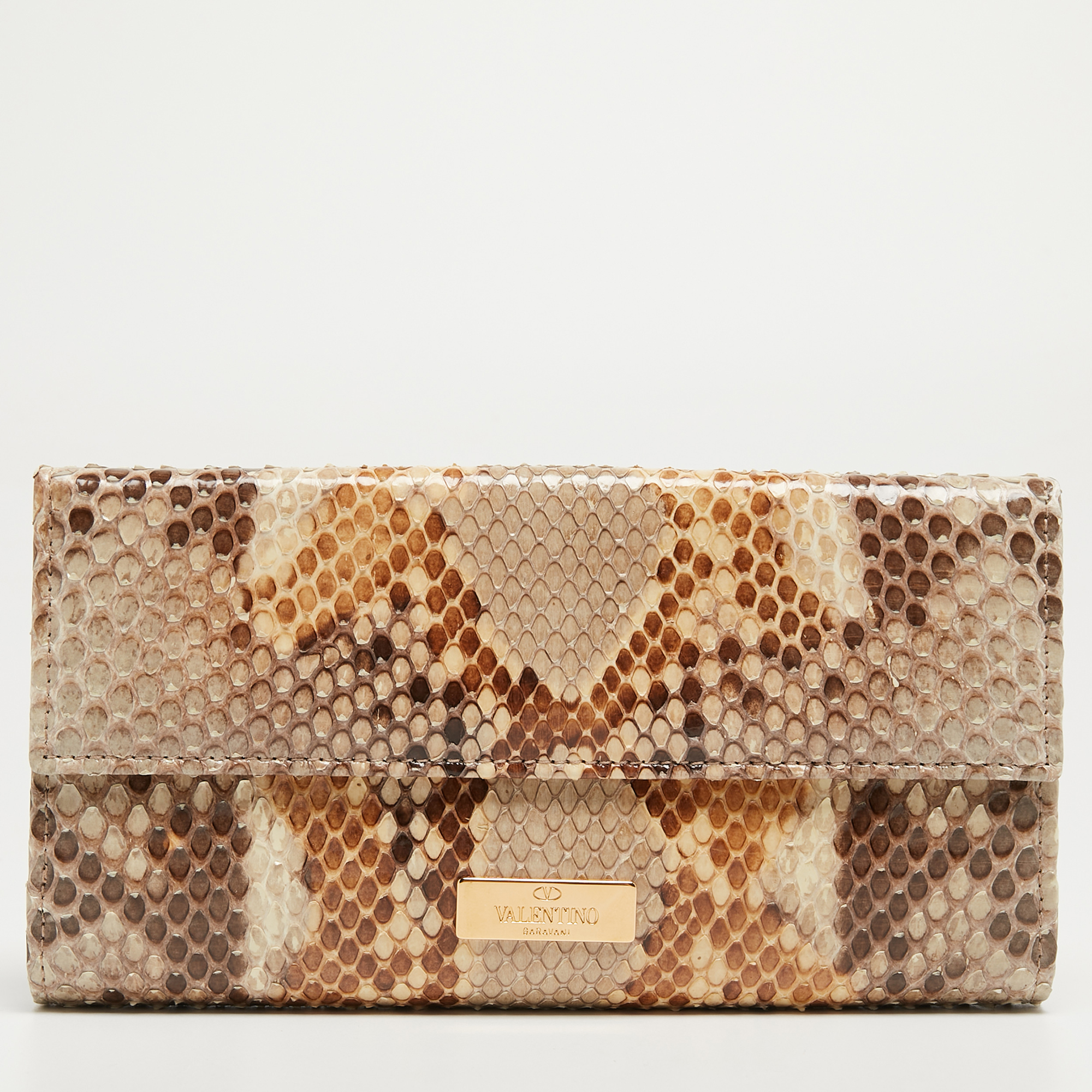 Valentino Beige/Brown Python Leather Bow Continental Wallet
