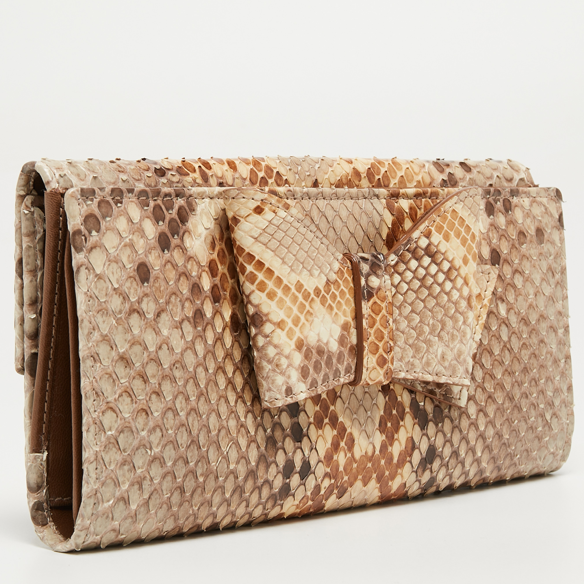 Valentino Beige/Brown Python Leather Bow Continental Wallet