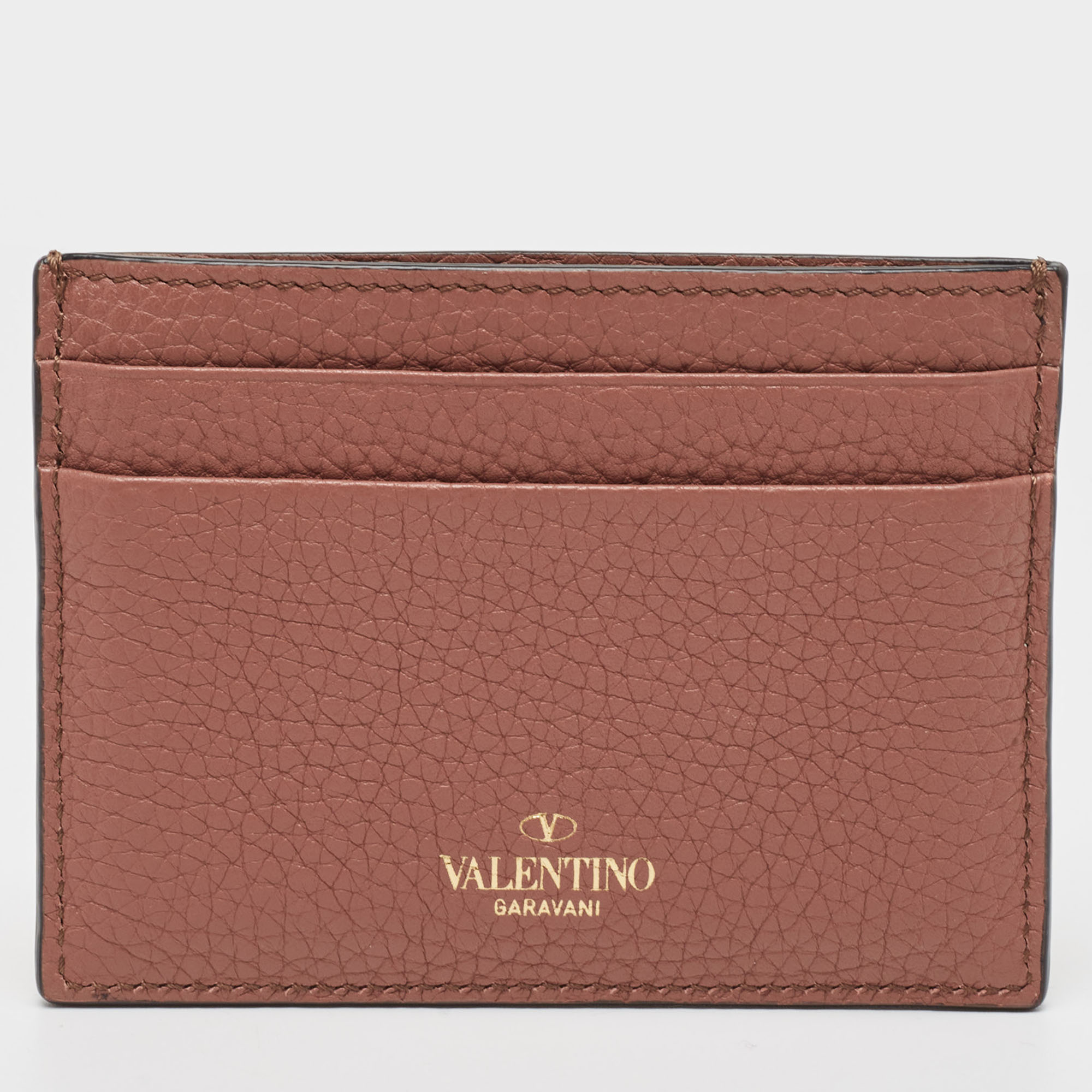 Valentino Brown Leather Rockstud Card Holder