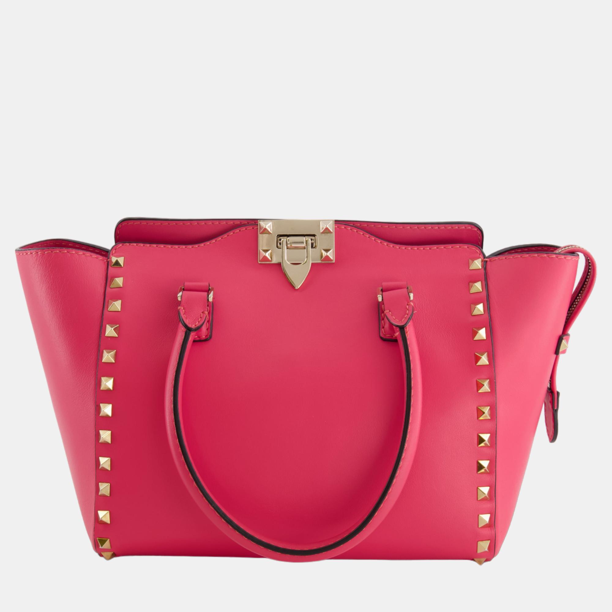 Valentino Hot Pink Rockstud Small Tote Bag With Champagne Gold Hardware