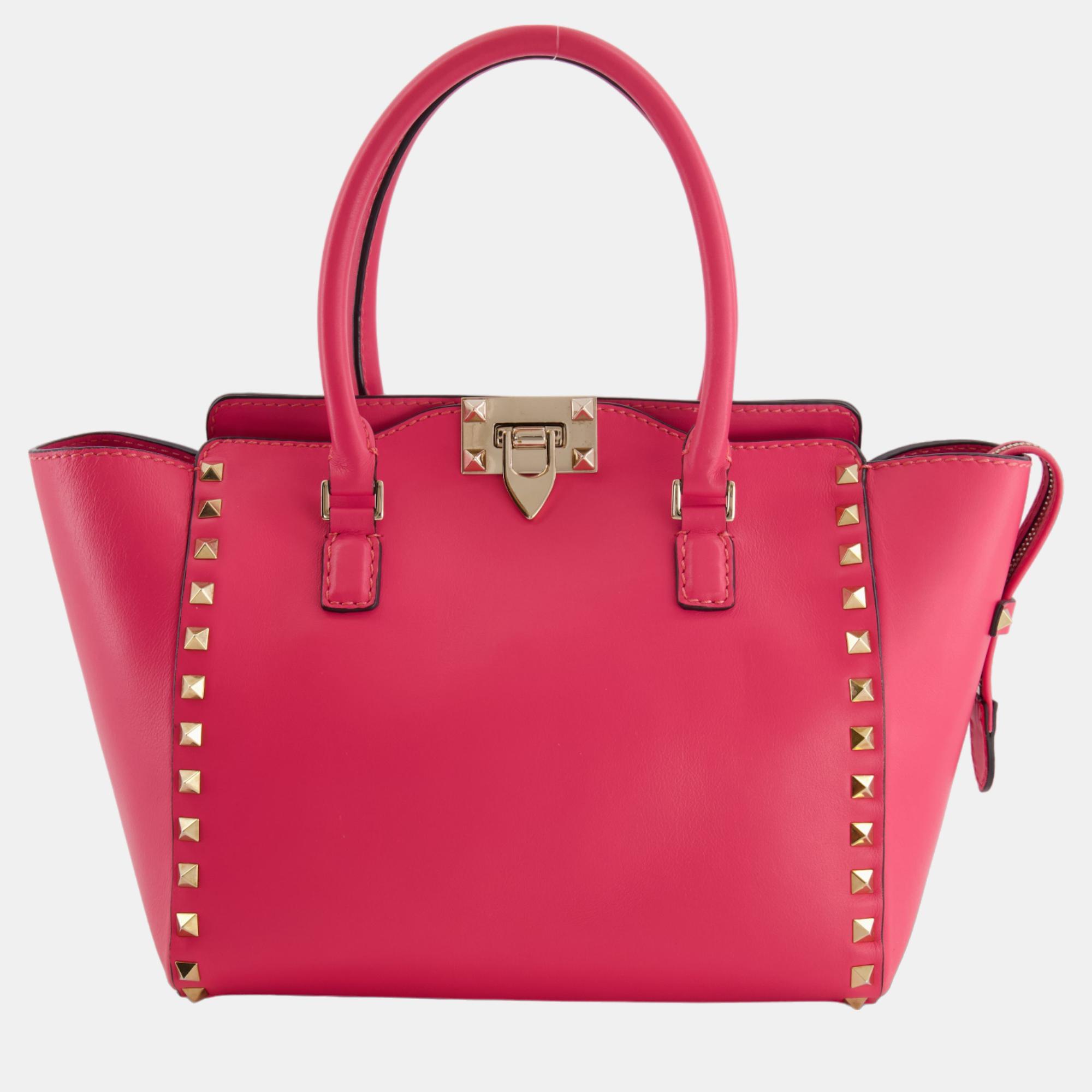 Valentino Hot Pink Rockstud Small Tote Bag With Champagne Gold Hardware