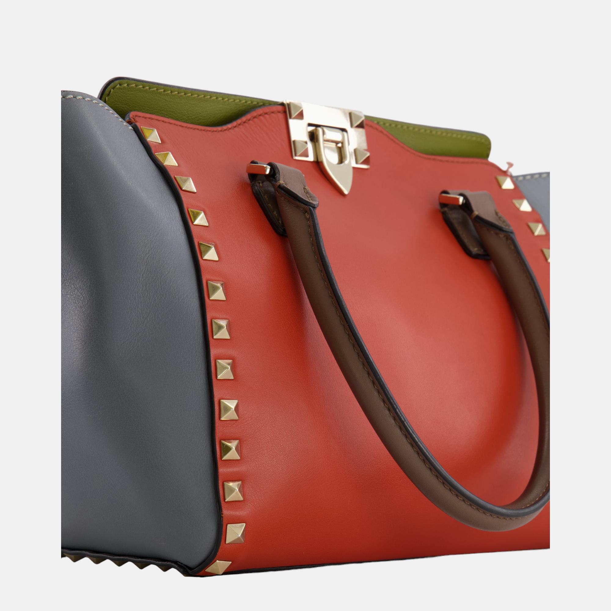 Valentino Grey, Orange And Green Rockstud Small Tote Bag With Champagne Gold Hardware