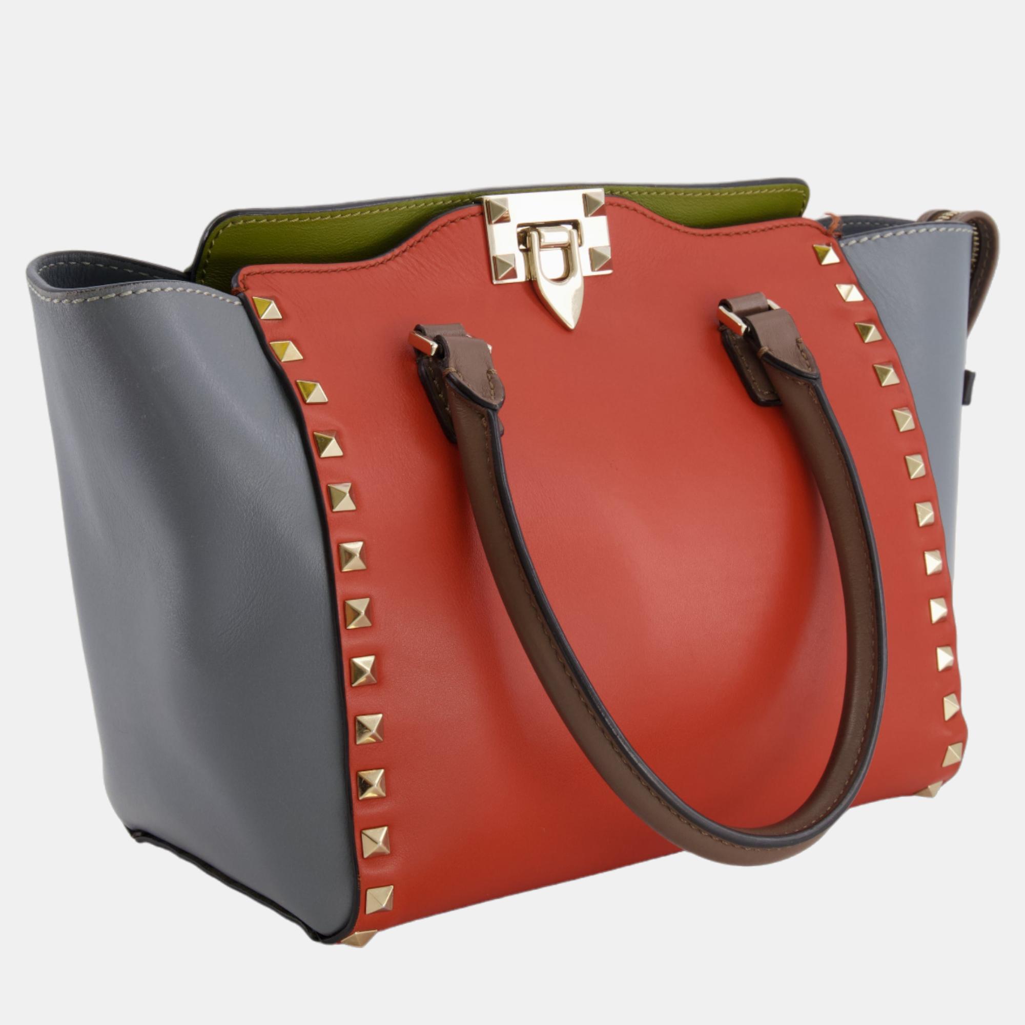 Valentino Grey, Orange And Green Rockstud Small Tote Bag With Champagne Gold Hardware