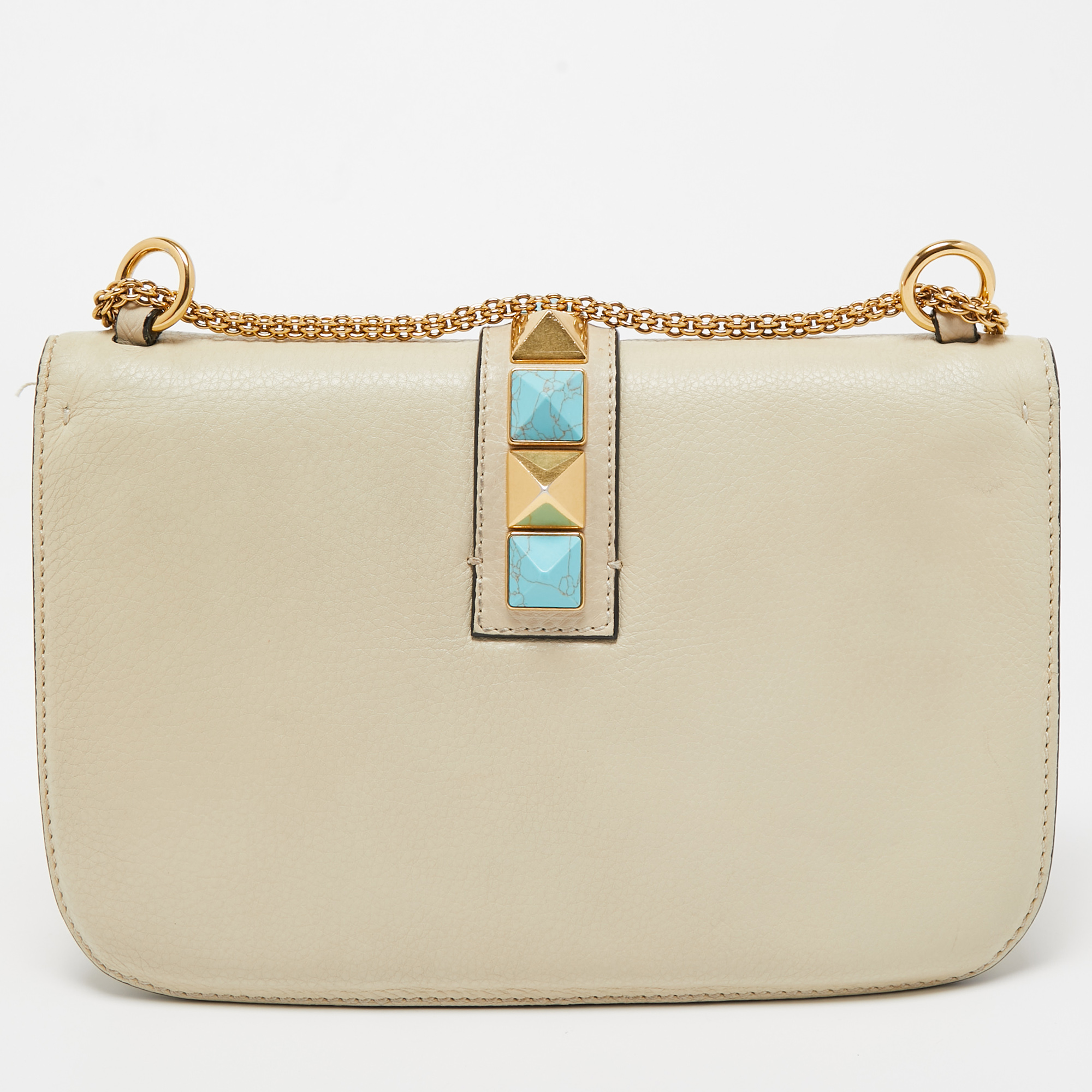Valentino Cream Leather Medium Rockstud Glam Lock Flap Bag