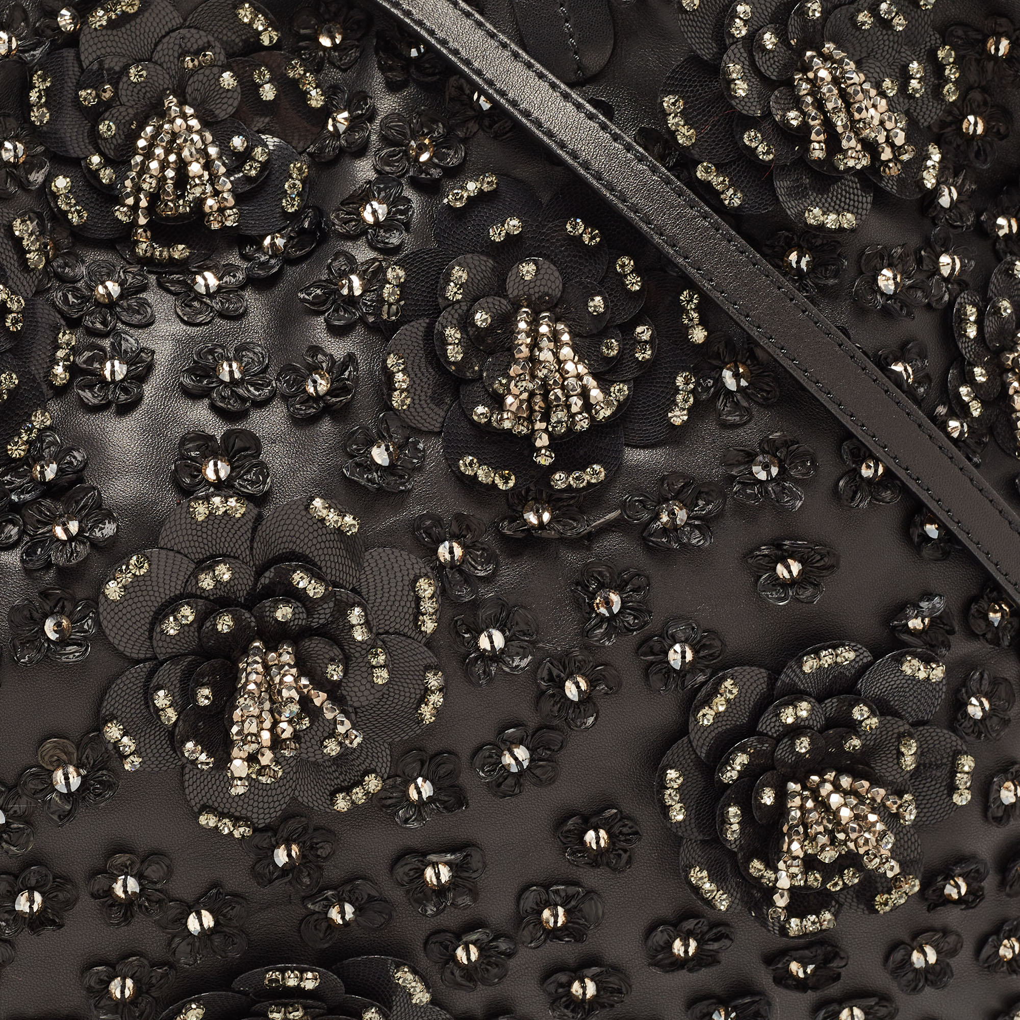 Valentino Black Leather Crystal Embellished Floral Applique Tote