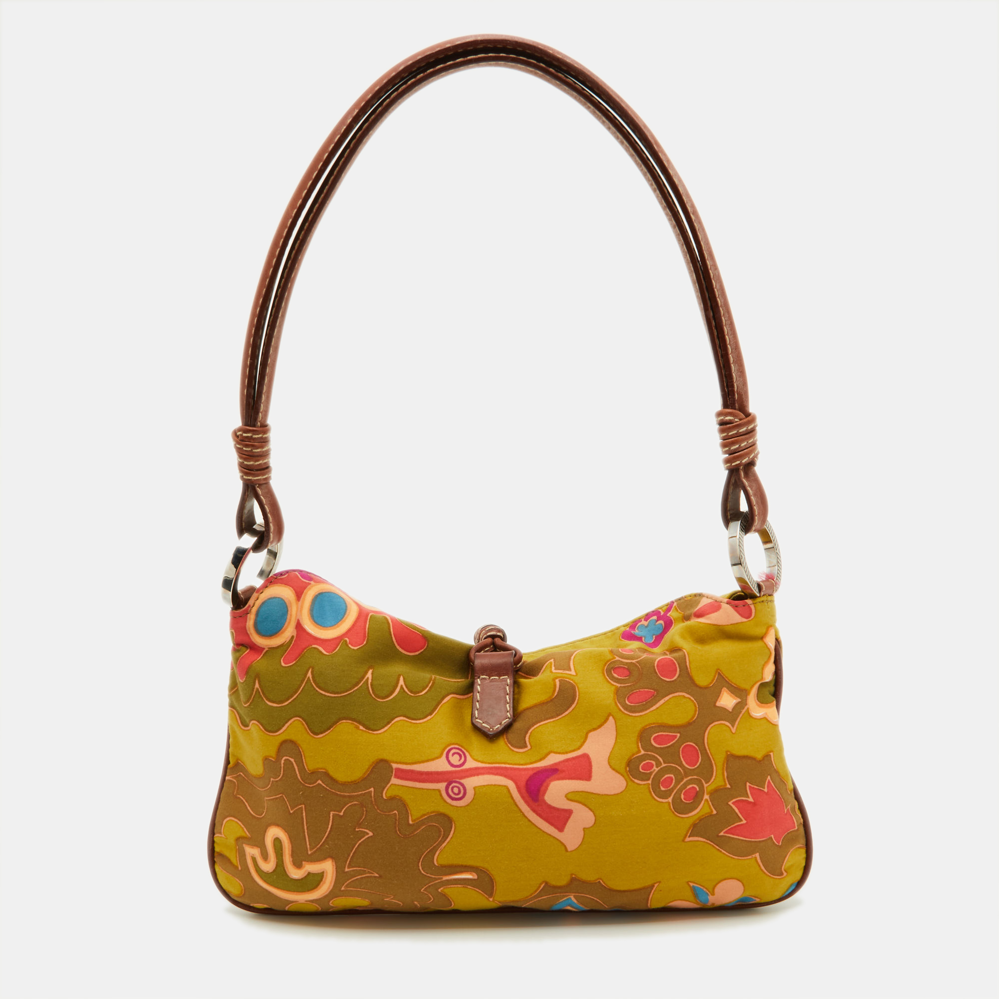 Valentino Multicolor Print Satin And Leather Baguette Bag