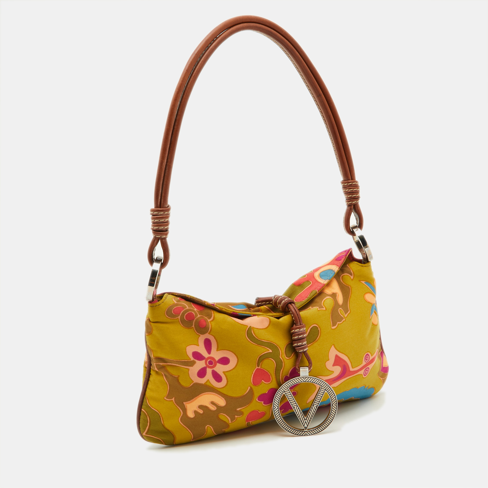 Valentino Multicolor Print Satin And Leather Baguette Bag
