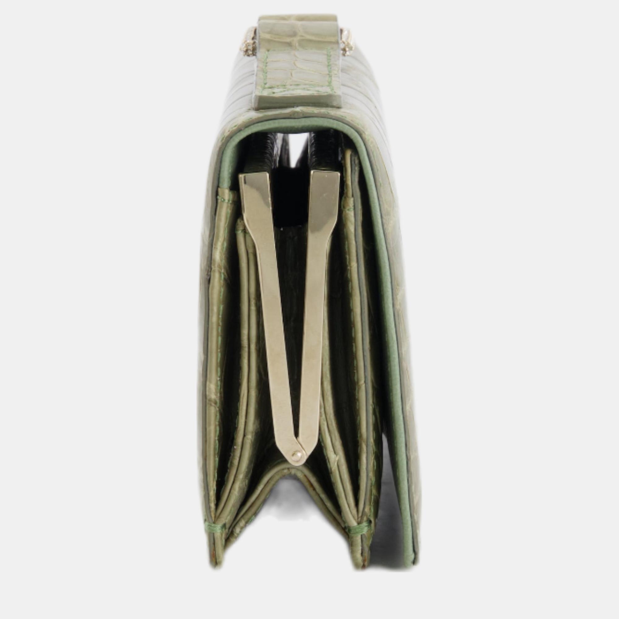 Valentino Green Crocodile Leather Clutch Bag With Crystal Hardware