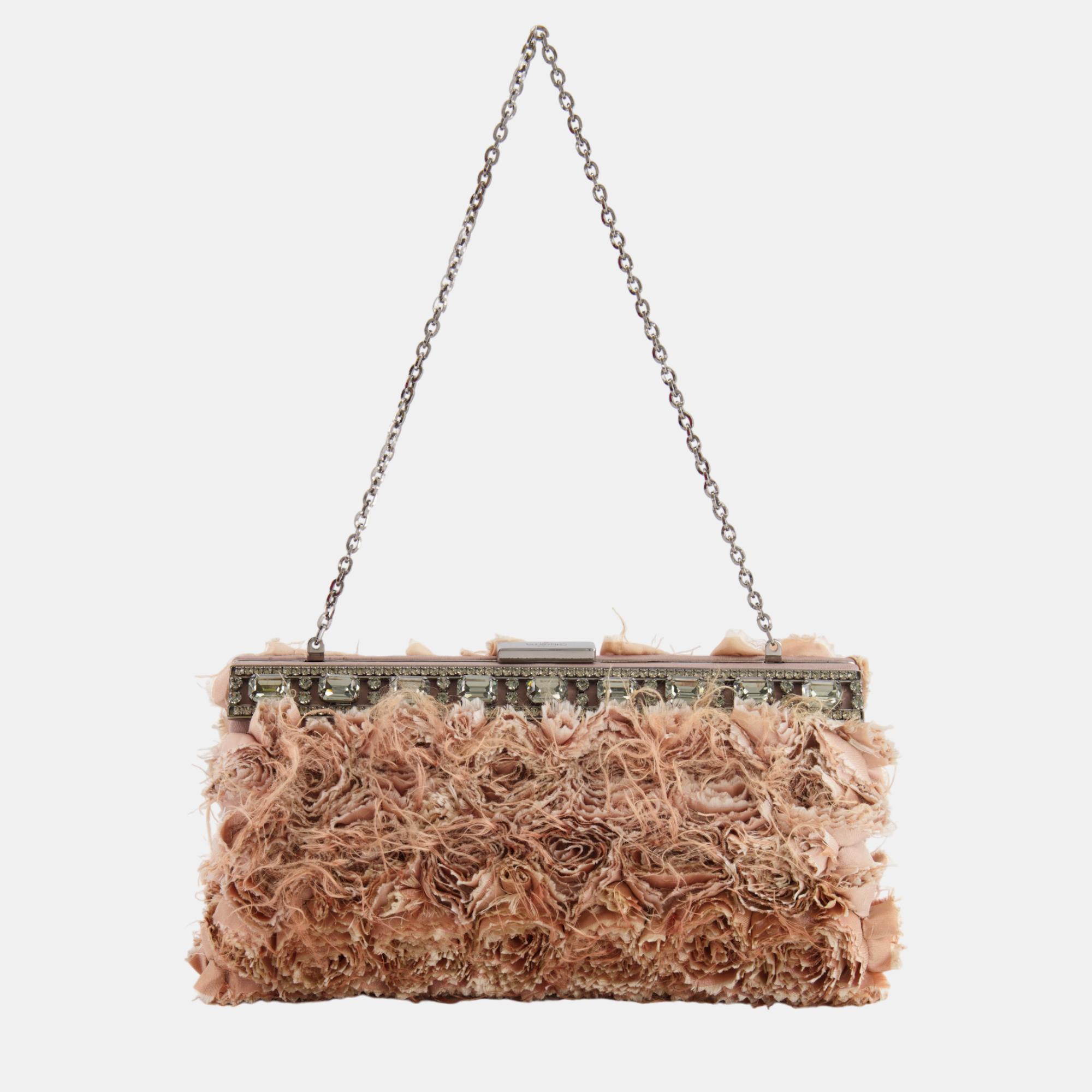 Valentino Powder Pink Floral Clutch Bag With Crystal Details