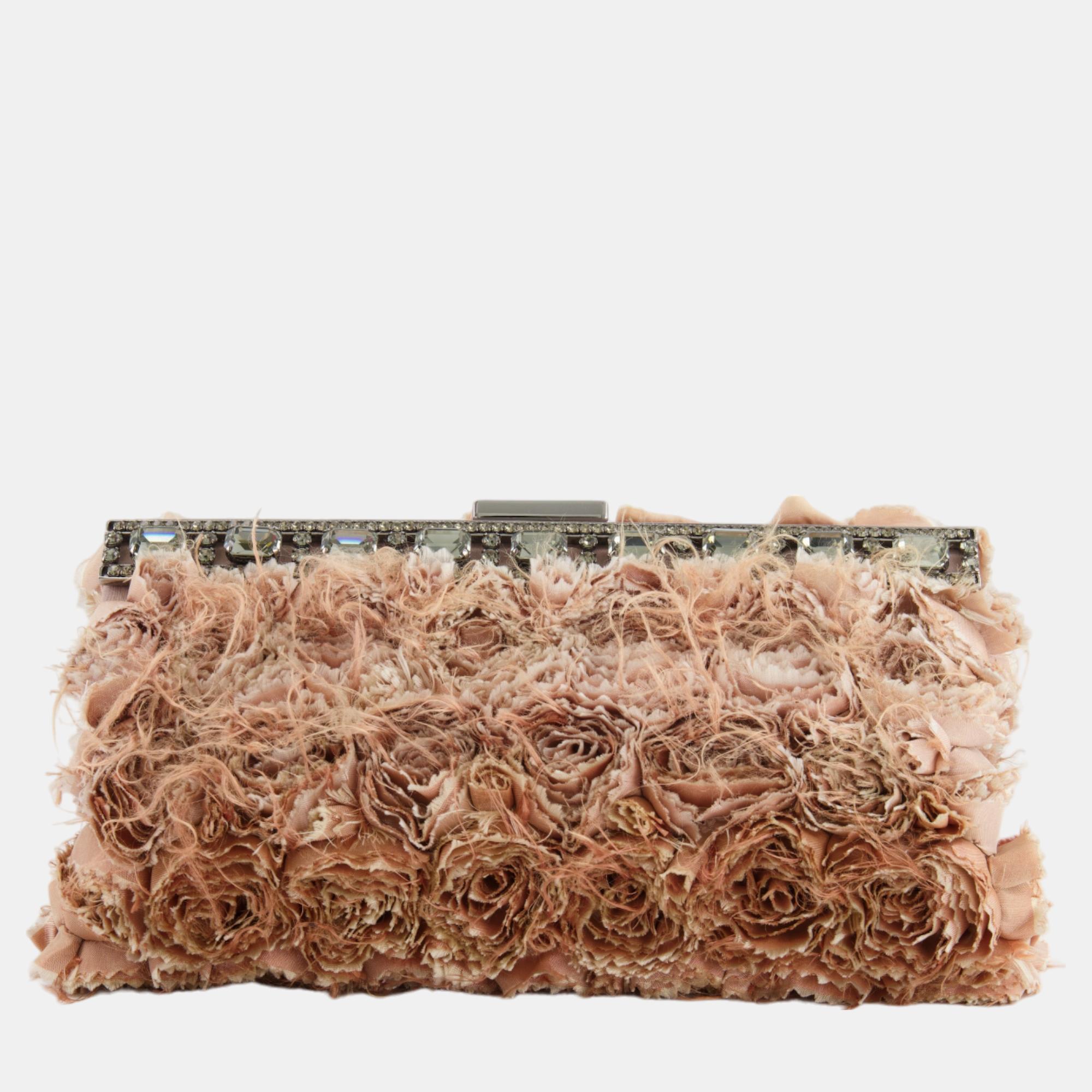 Valentino Powder Pink Floral Clutch Bag With Crystal Details