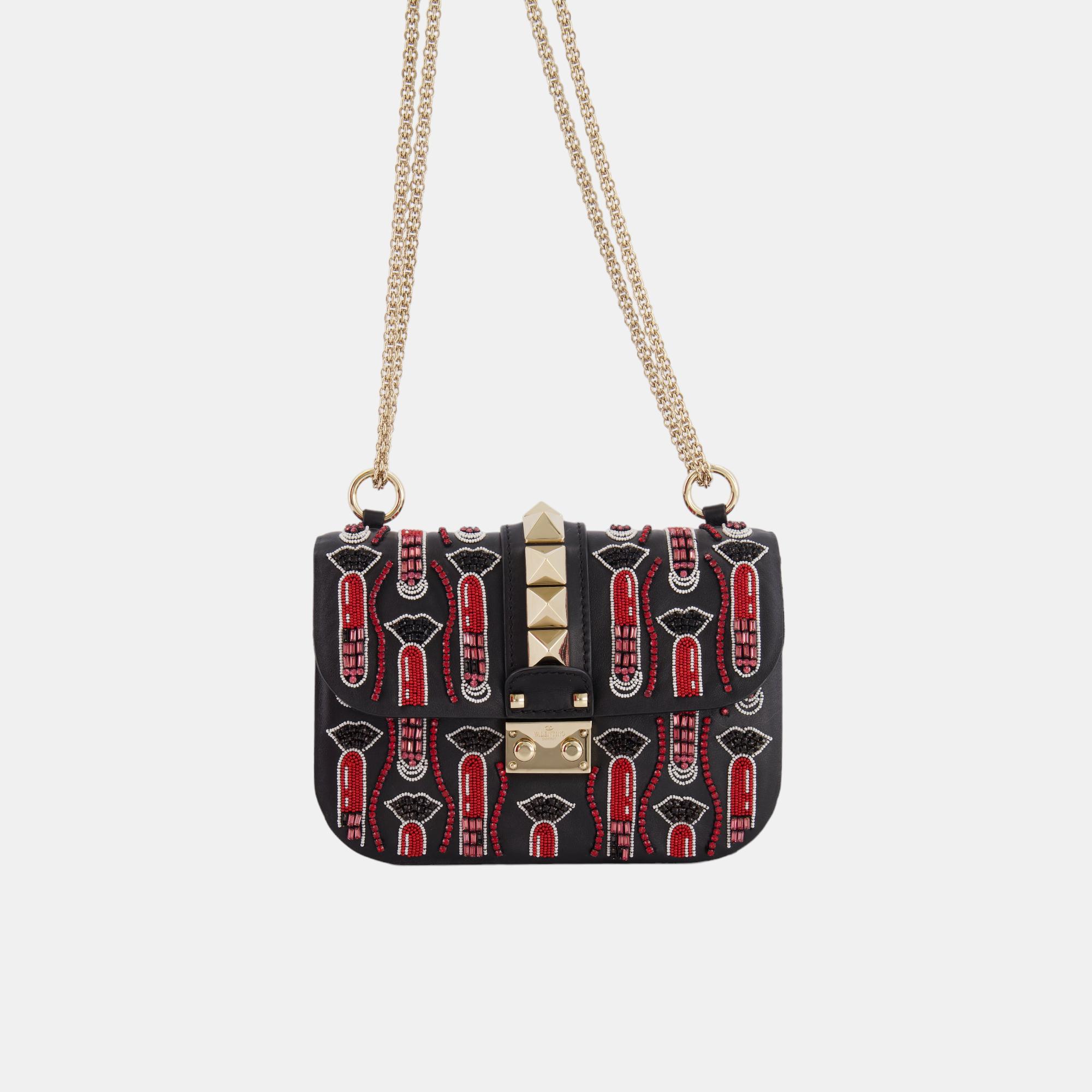 Valentino X Zandra Rhodes Black And Red Crystal Lock Shoulder Bag With Gold Hardware