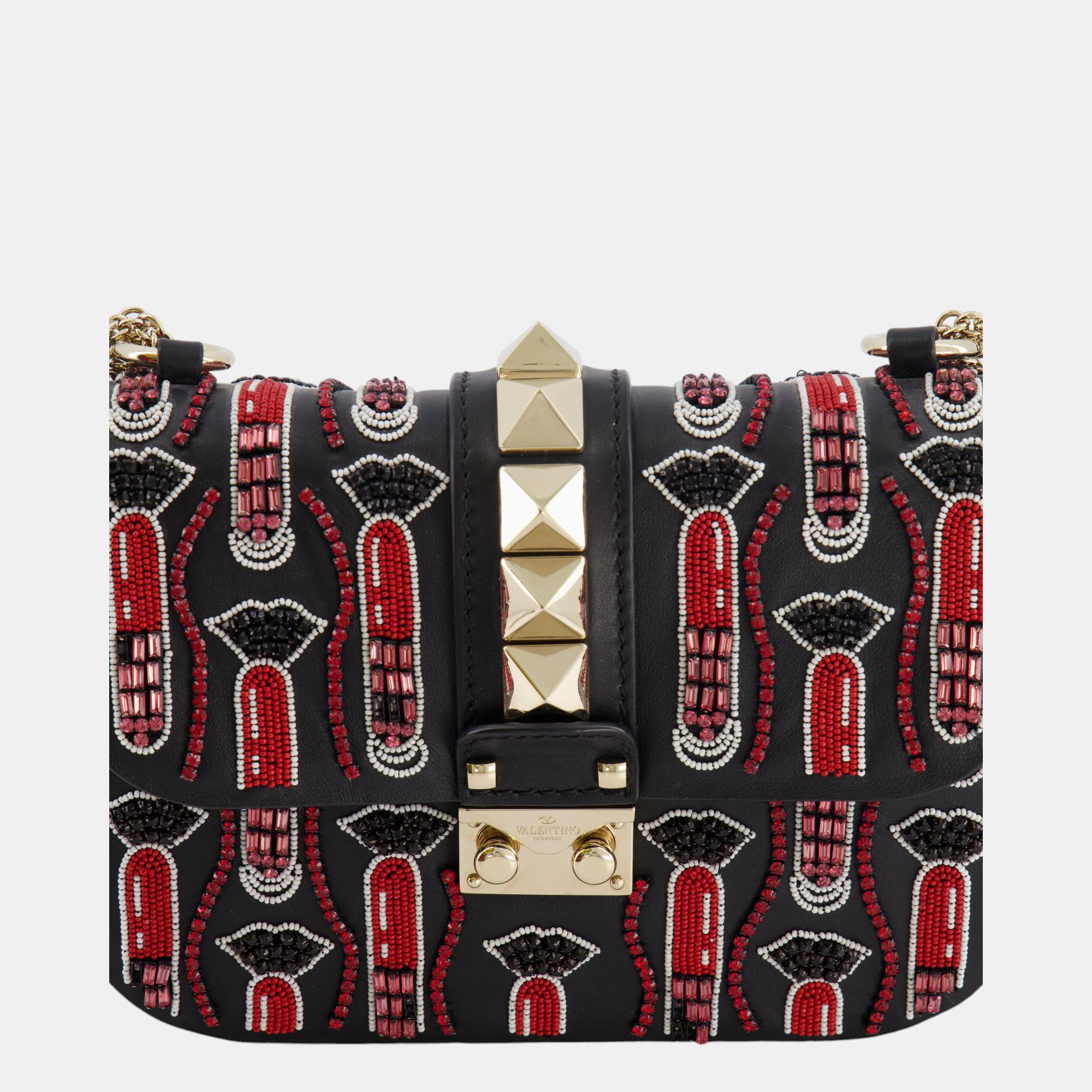 Valentino X Zandra Rhodes Black And Red Crystal Lock Shoulder Bag With Gold Hardware
