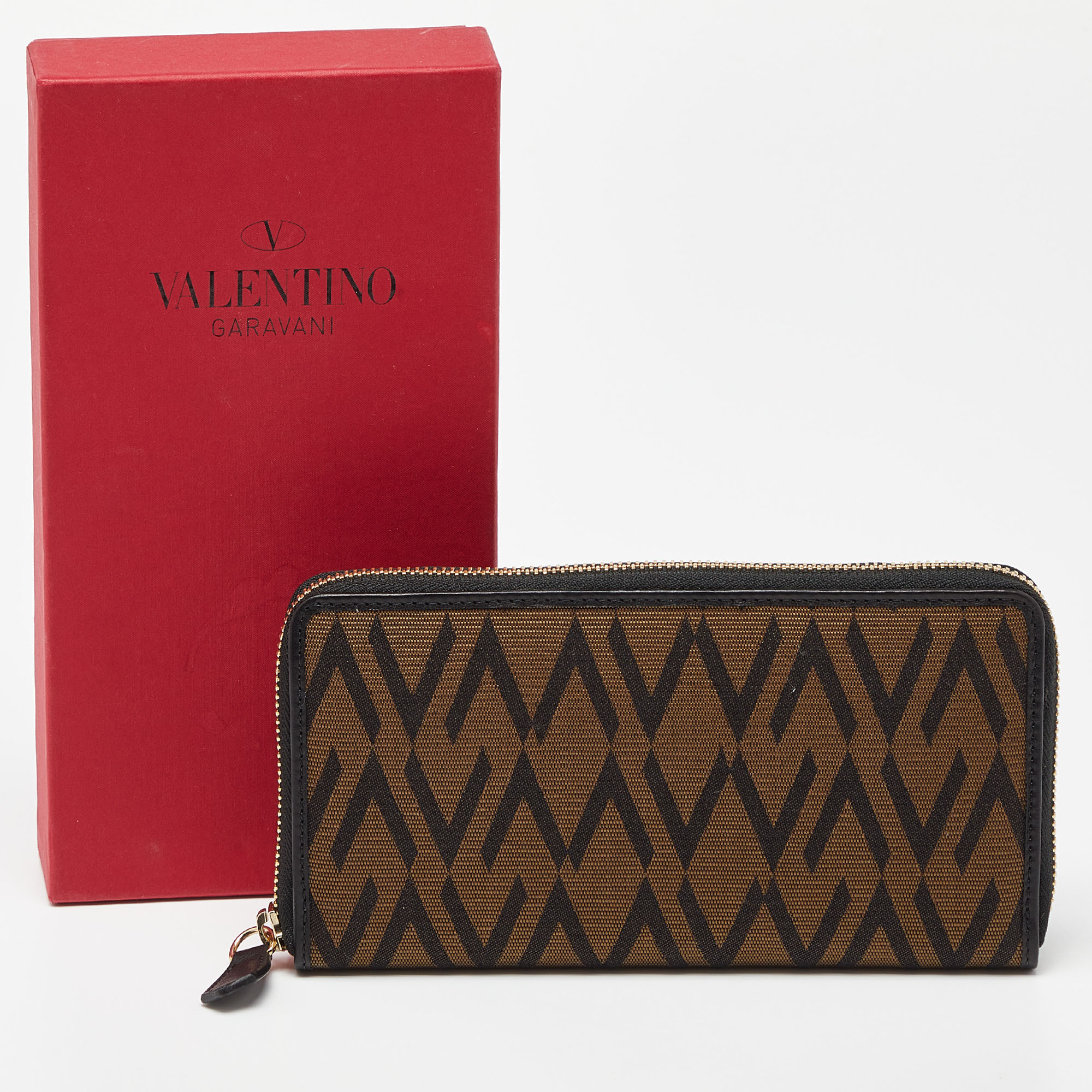 Valentino Brown/Black Canvas And Leather Zip Around Wallet