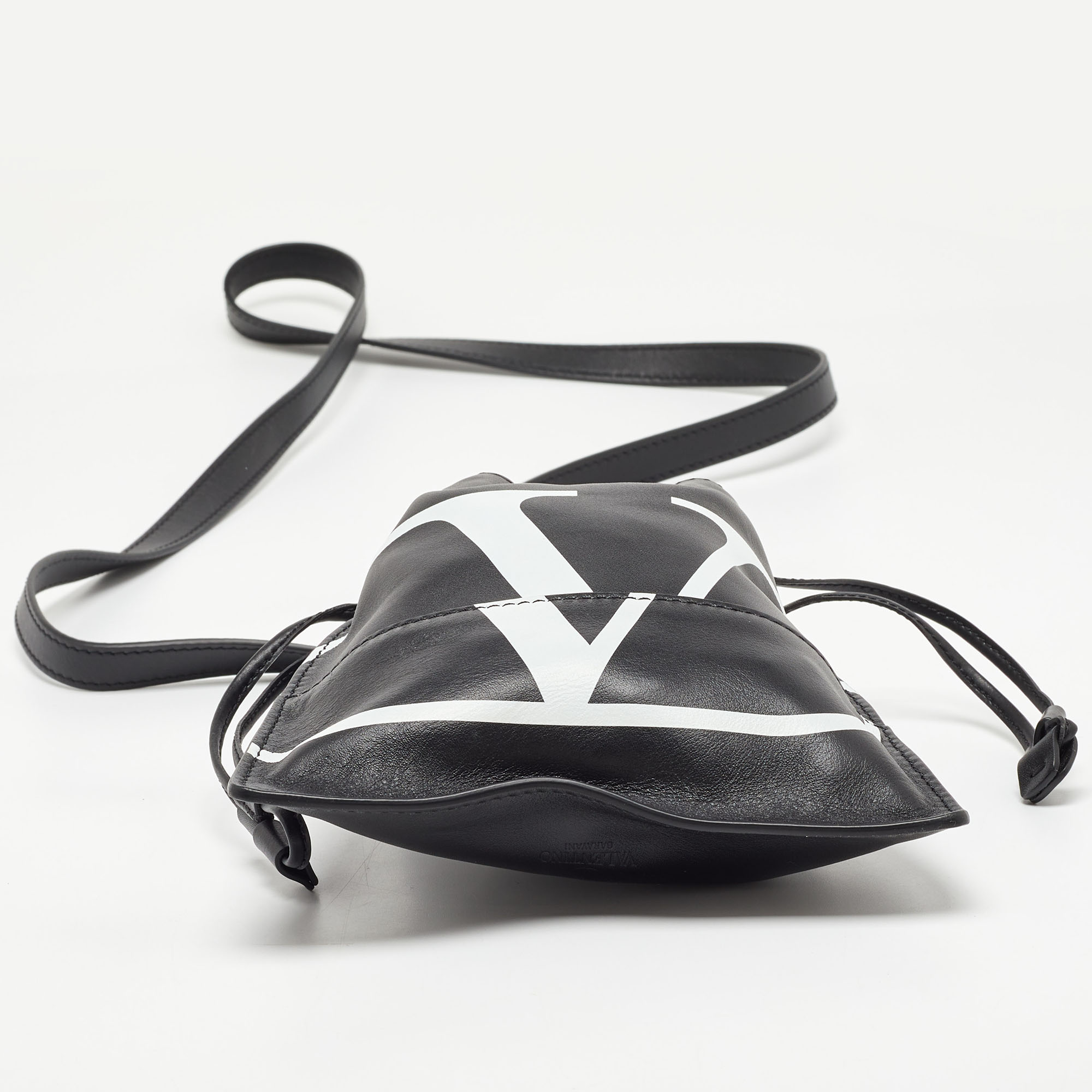 Valentino Black Leather VLogo Drawstring Pouch Bag
