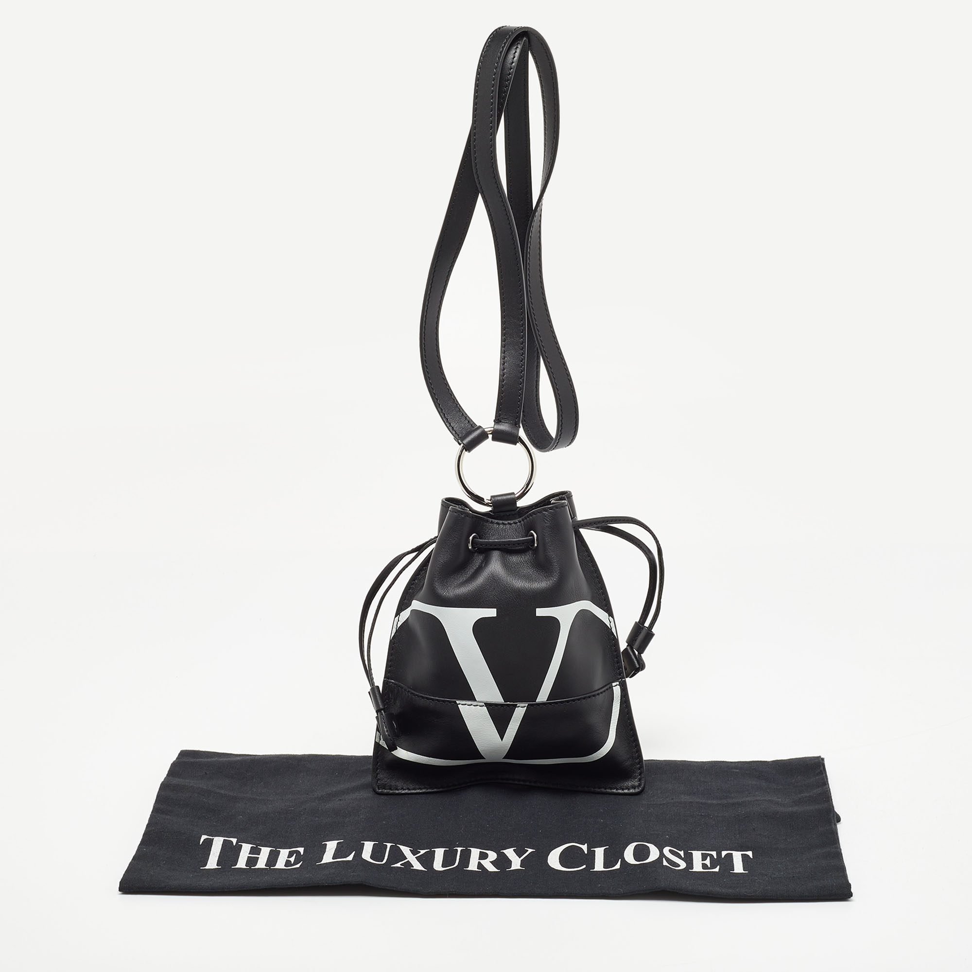 Valentino Black Leather VLogo Drawstring Pouch Bag