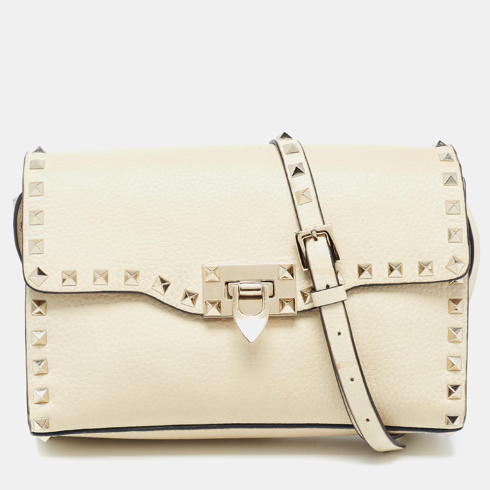 Valentino Cream Leather Rockstud Crossbody Bag