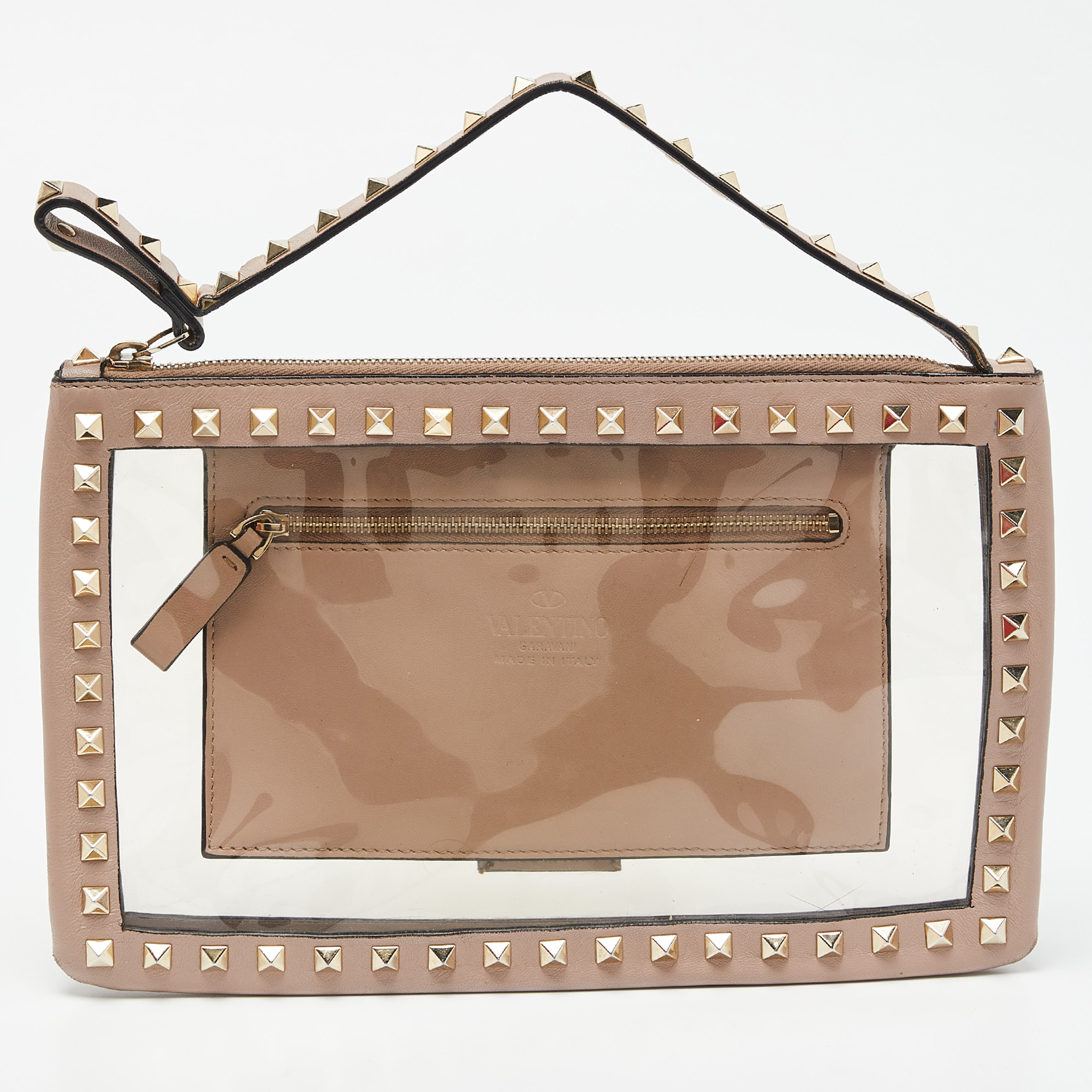 Valentino Pink/Transparent Leather And PVC Rockstud Clutch