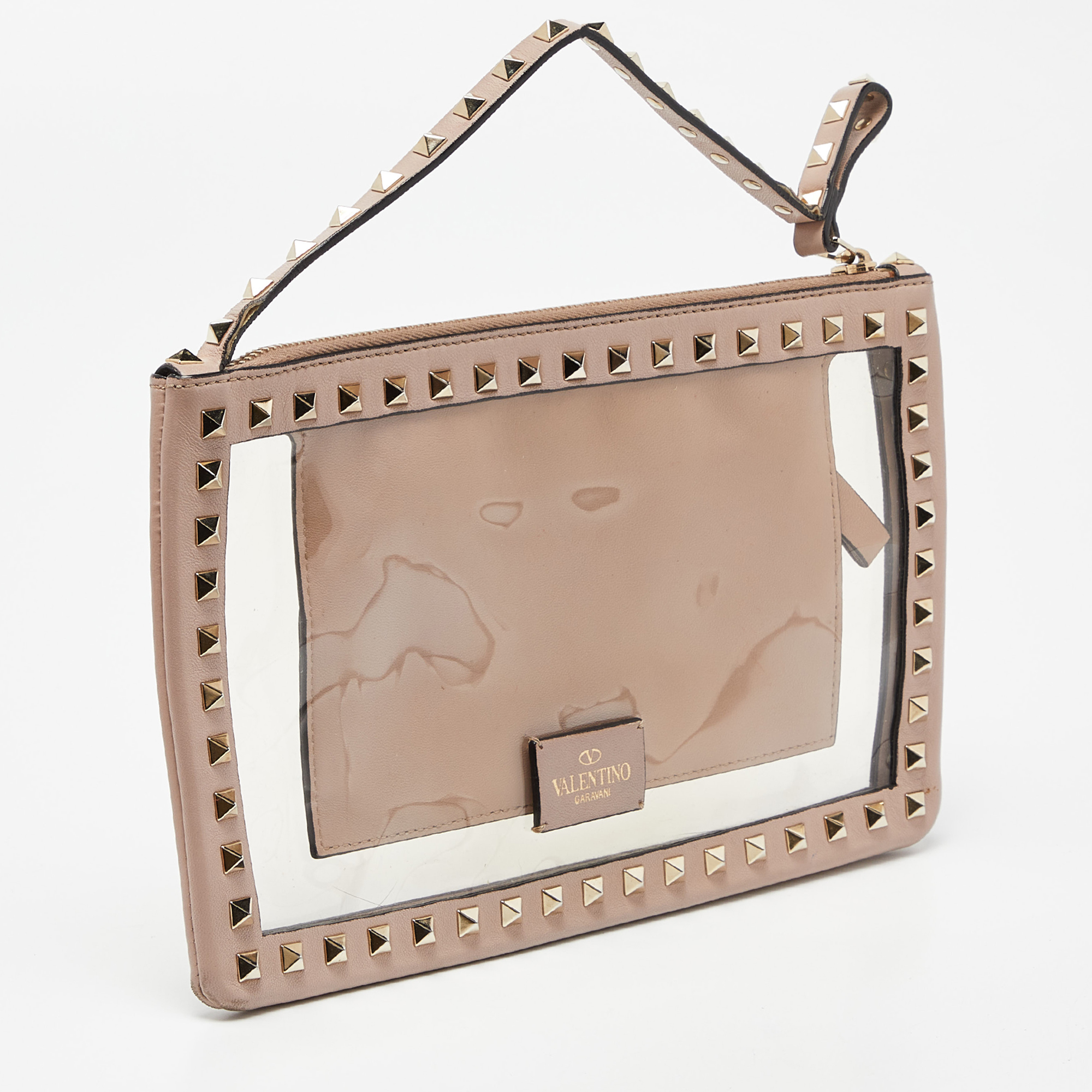 Valentino Pink/Transparent Leather And PVC Rockstud Clutch