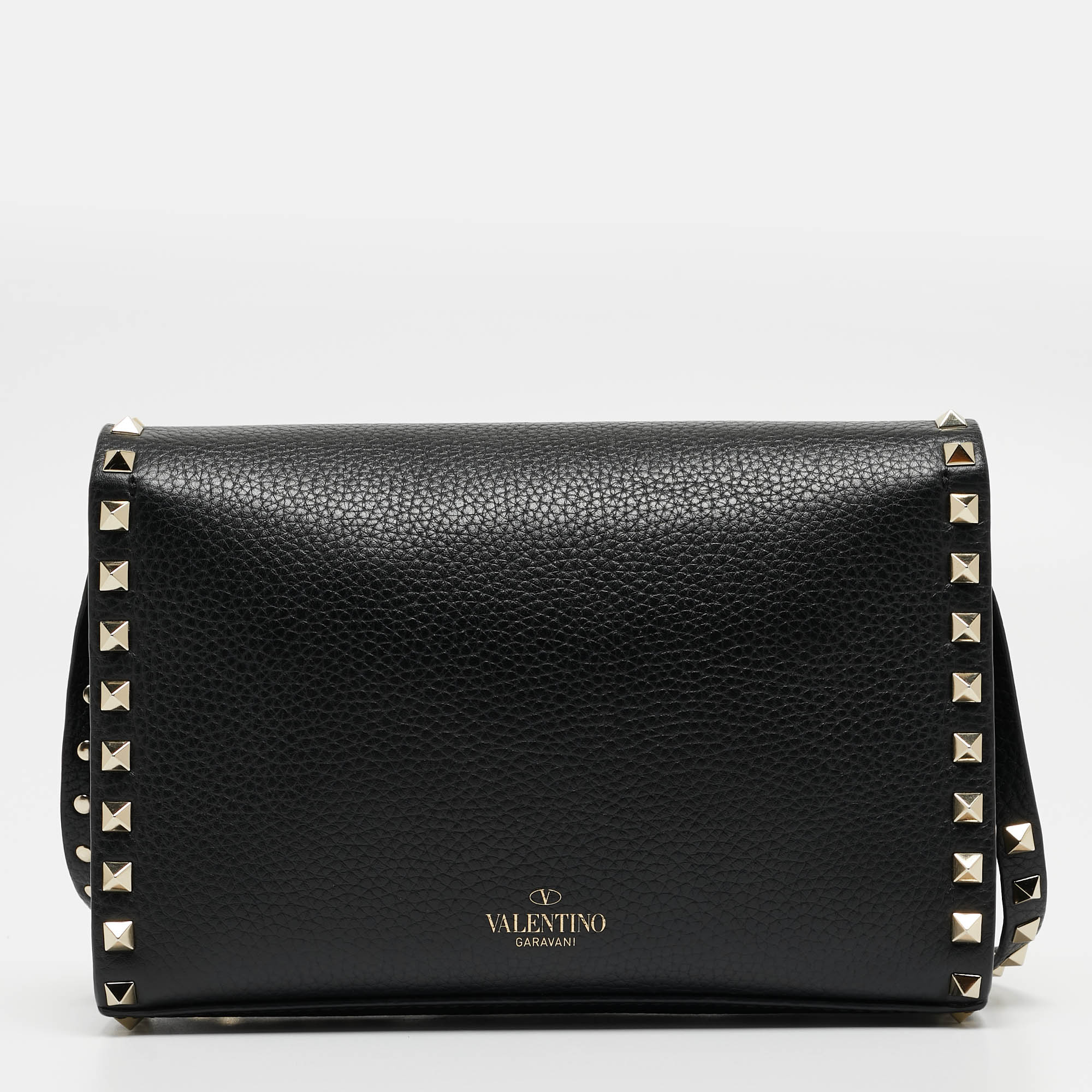 Valentino Black Leather Rockstud Flap Crossbody Bag