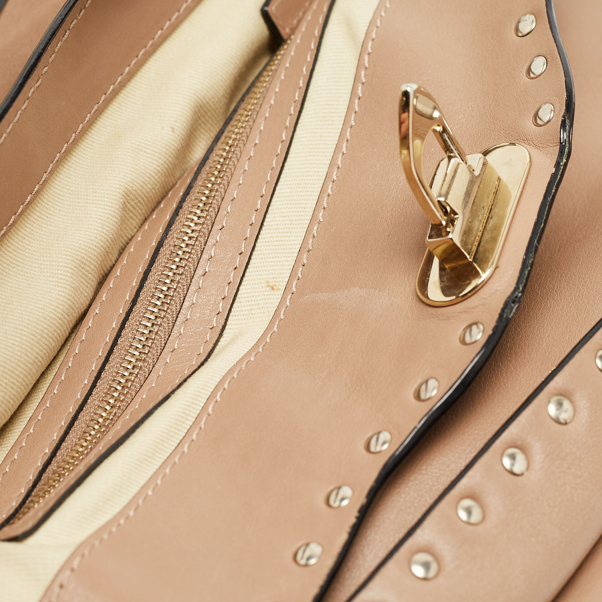 Valentino Beige Leather Rockstud Slim Top Handle Bag