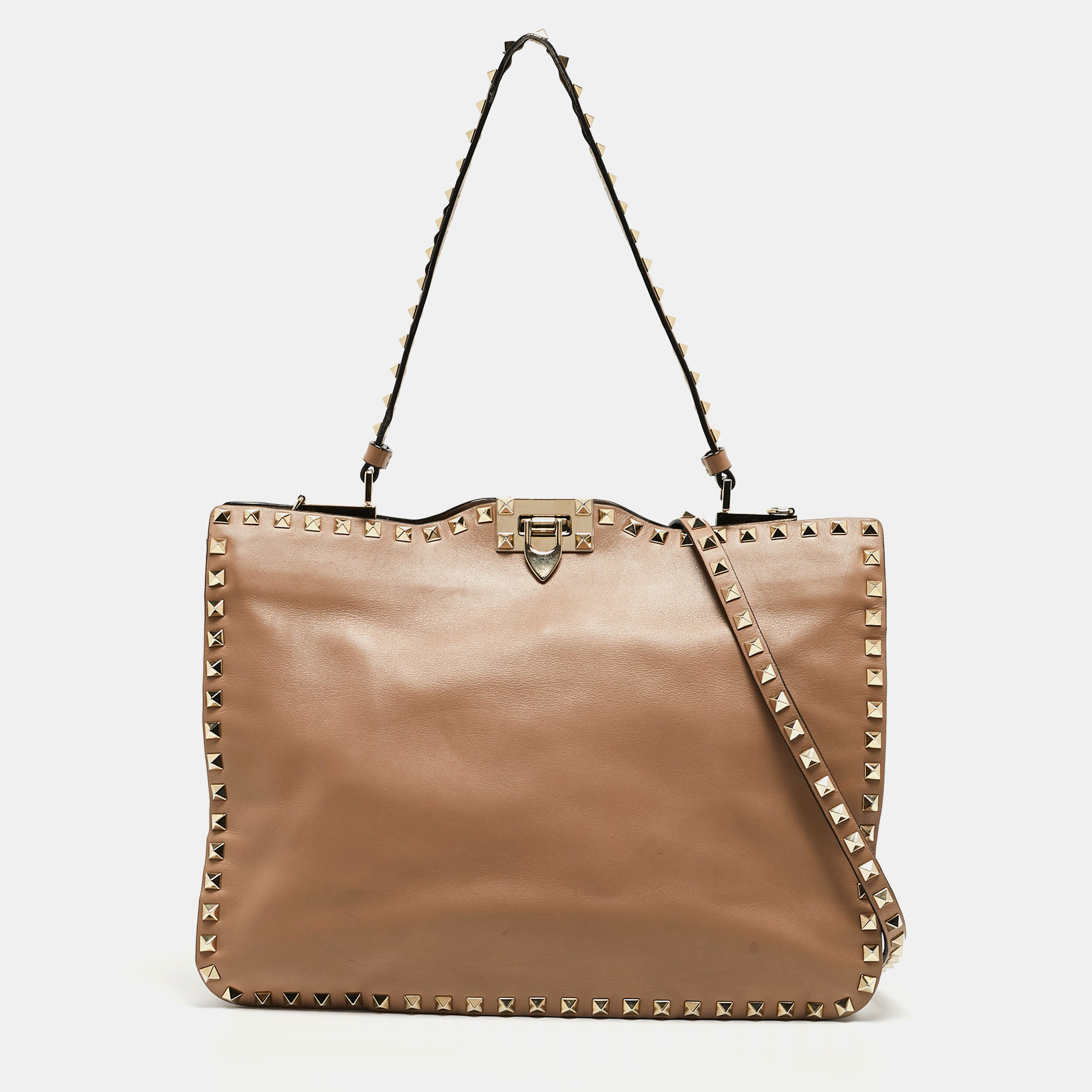 Valentino Beige Leather Rockstud Slim Top Handle Bag