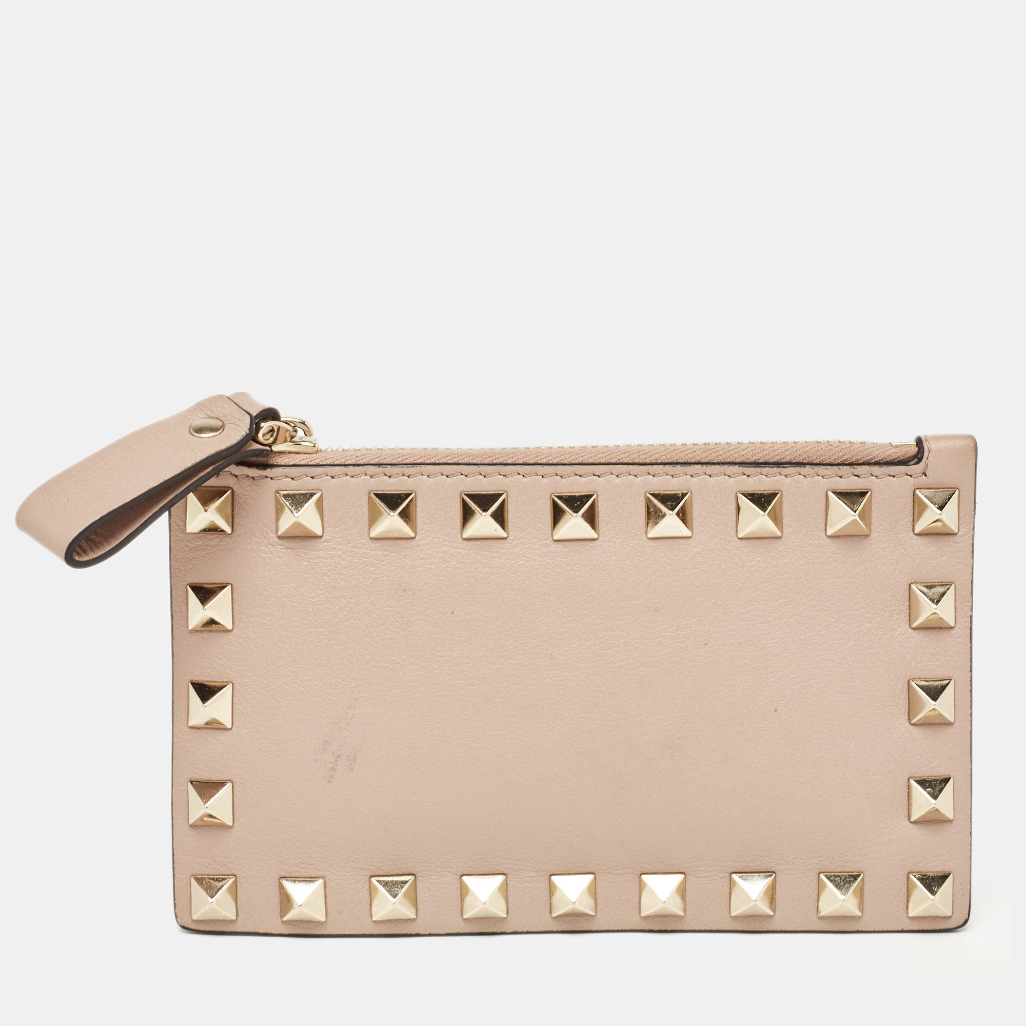 Valentino Poudre Pink Leather Rockstud Zip Card Case