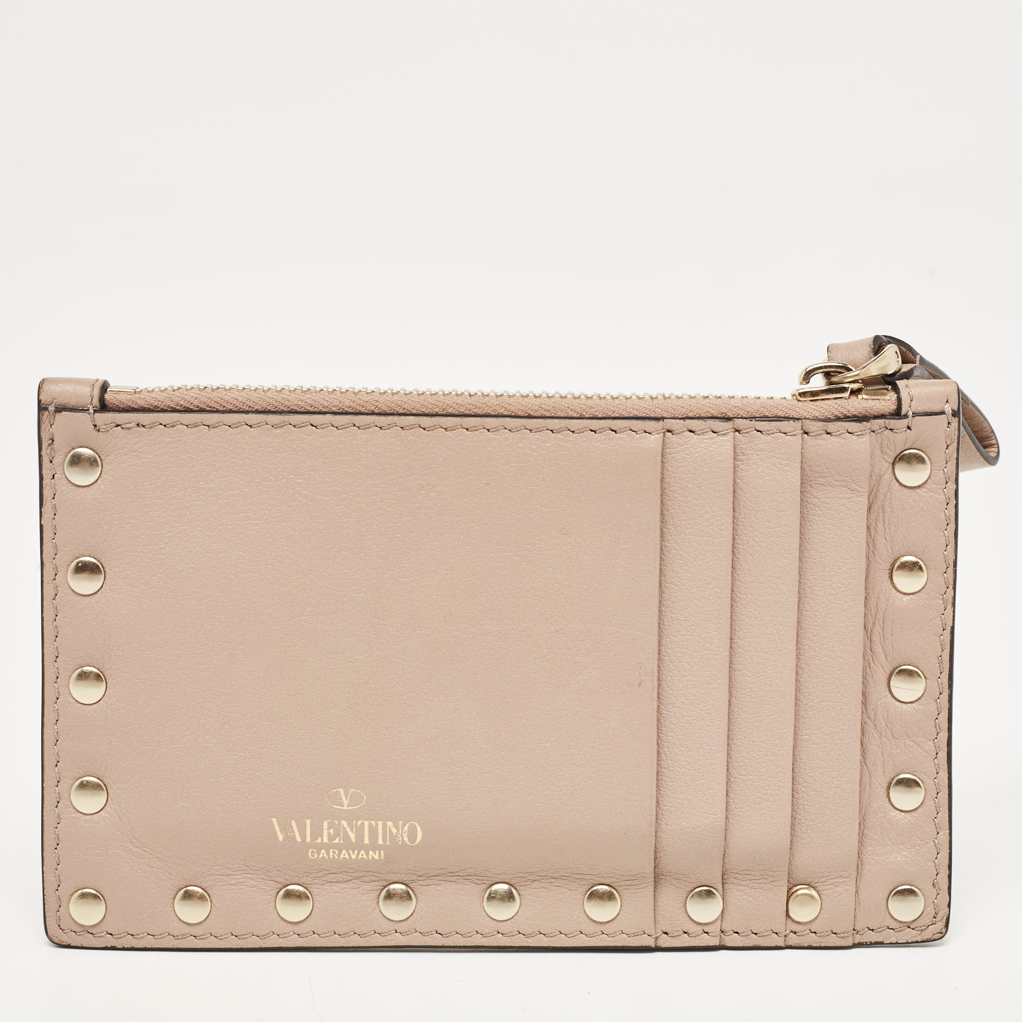 Valentino Poudre Pink Leather Rockstud Zip Card Case