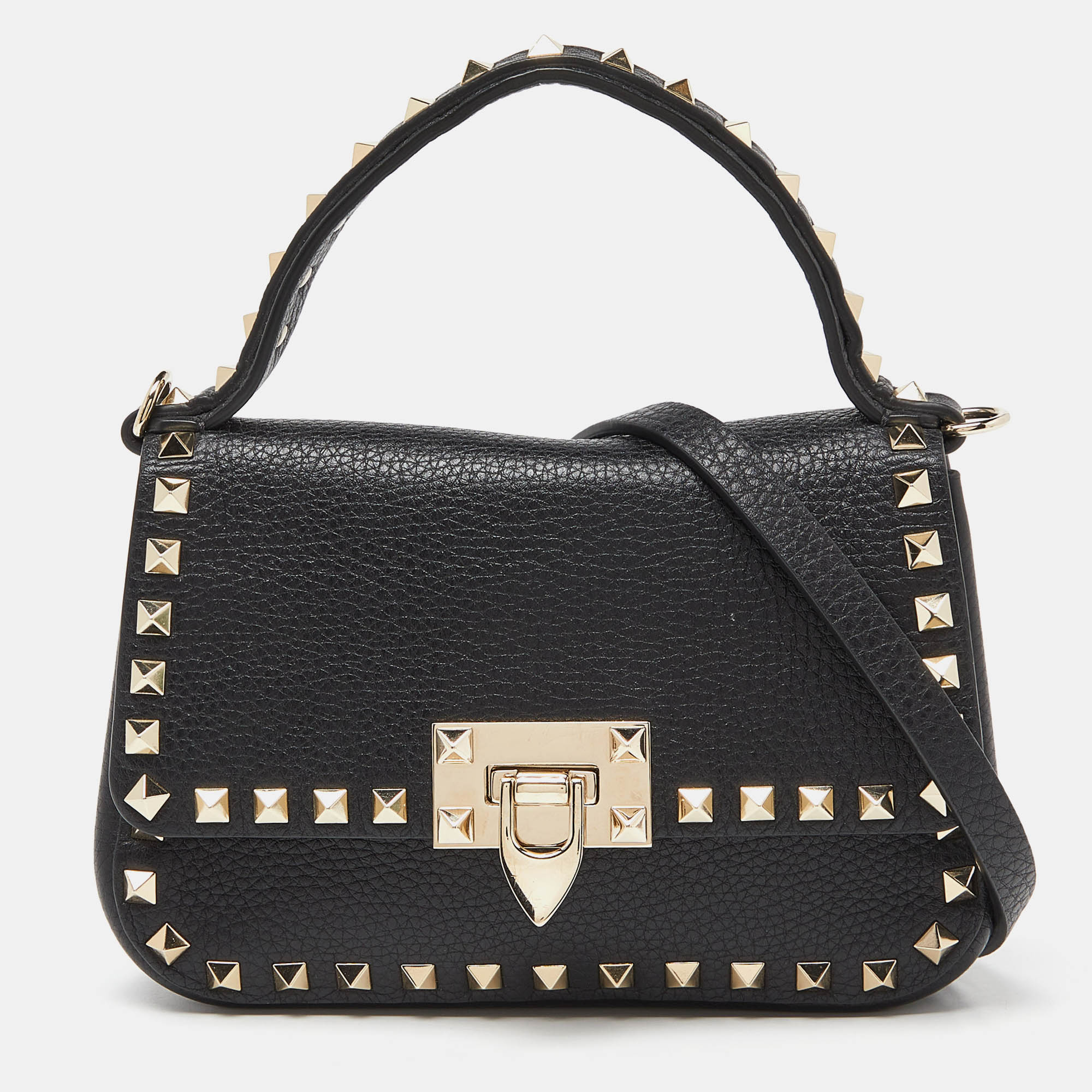 

Valentino Black Leather Rockstud Convertible Top Handle Bag