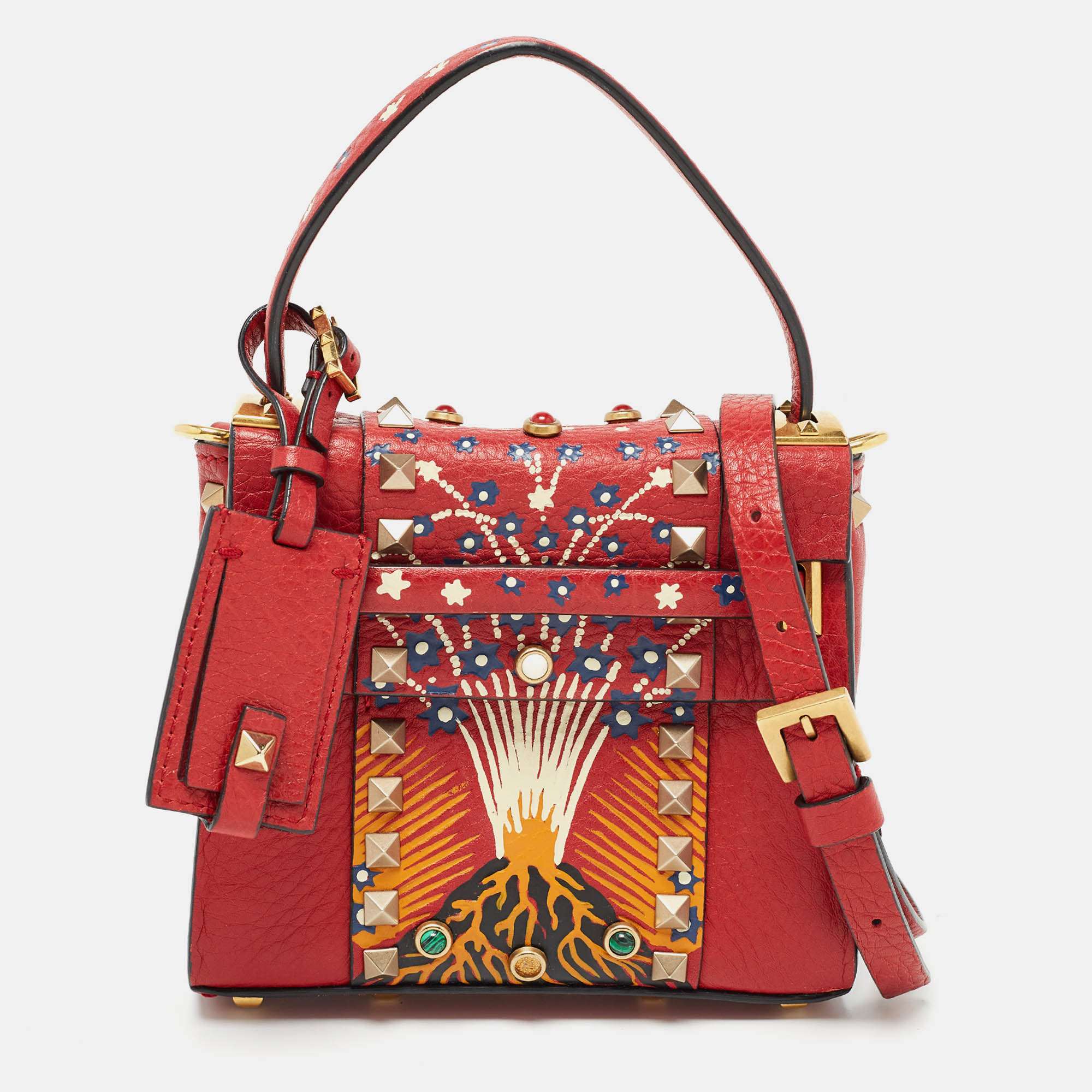 Valentino red leather enchanted wonderland micro my rockstud top handle bag