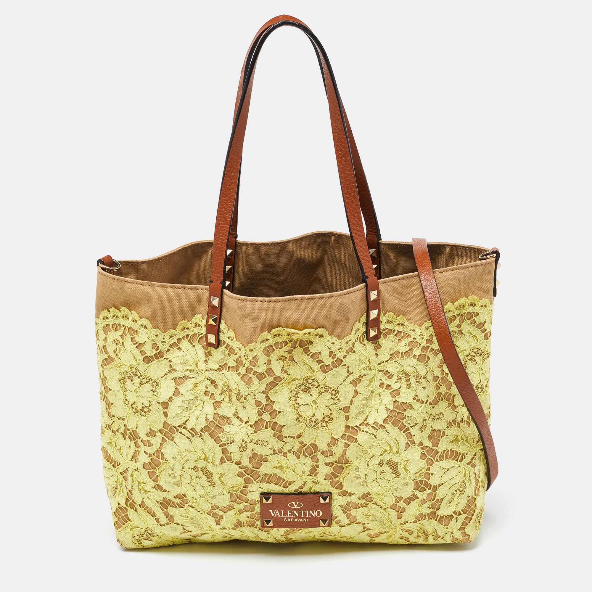 Valentino tri color glamorous lace, canvas and leather reversible tote