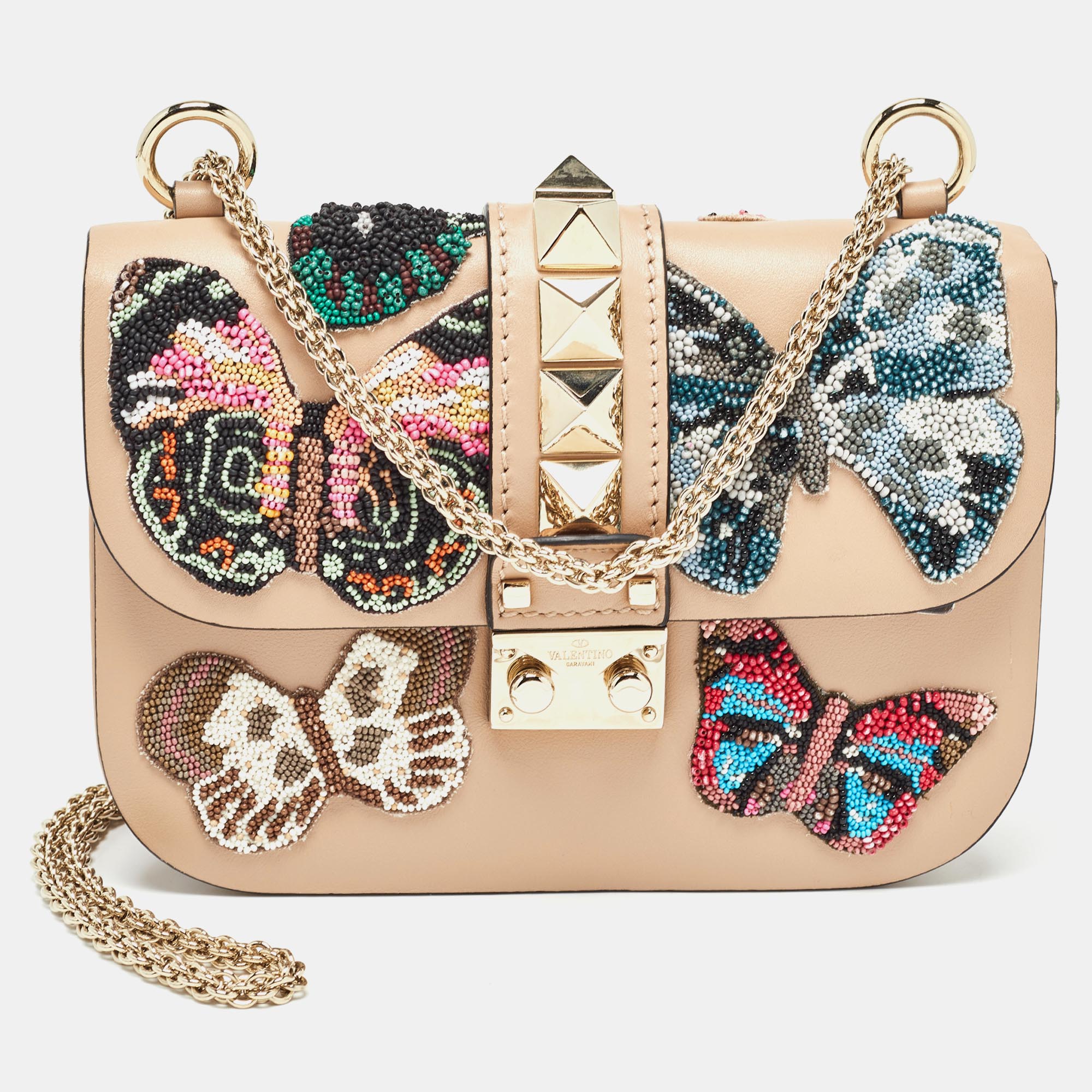 Valentino beige leather small butterfly beads rockstud glam lock bag