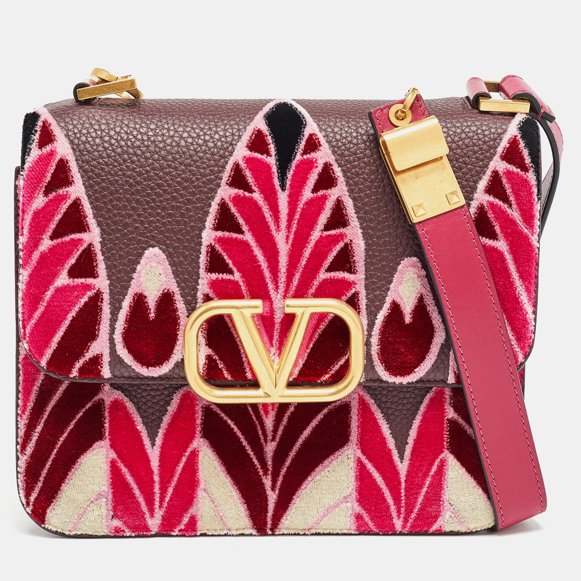 Valentino pink/plum leather and velvet embroidered vsling shoulder bag