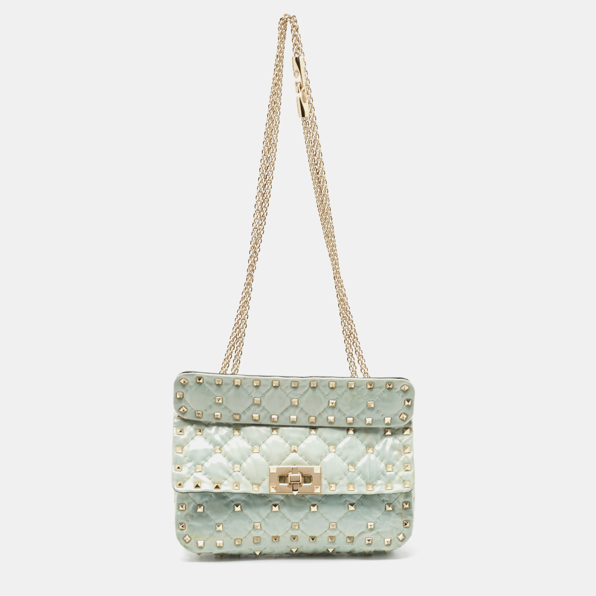 Valentino light blue quilted coated fabric small rockstud spike top handle bag