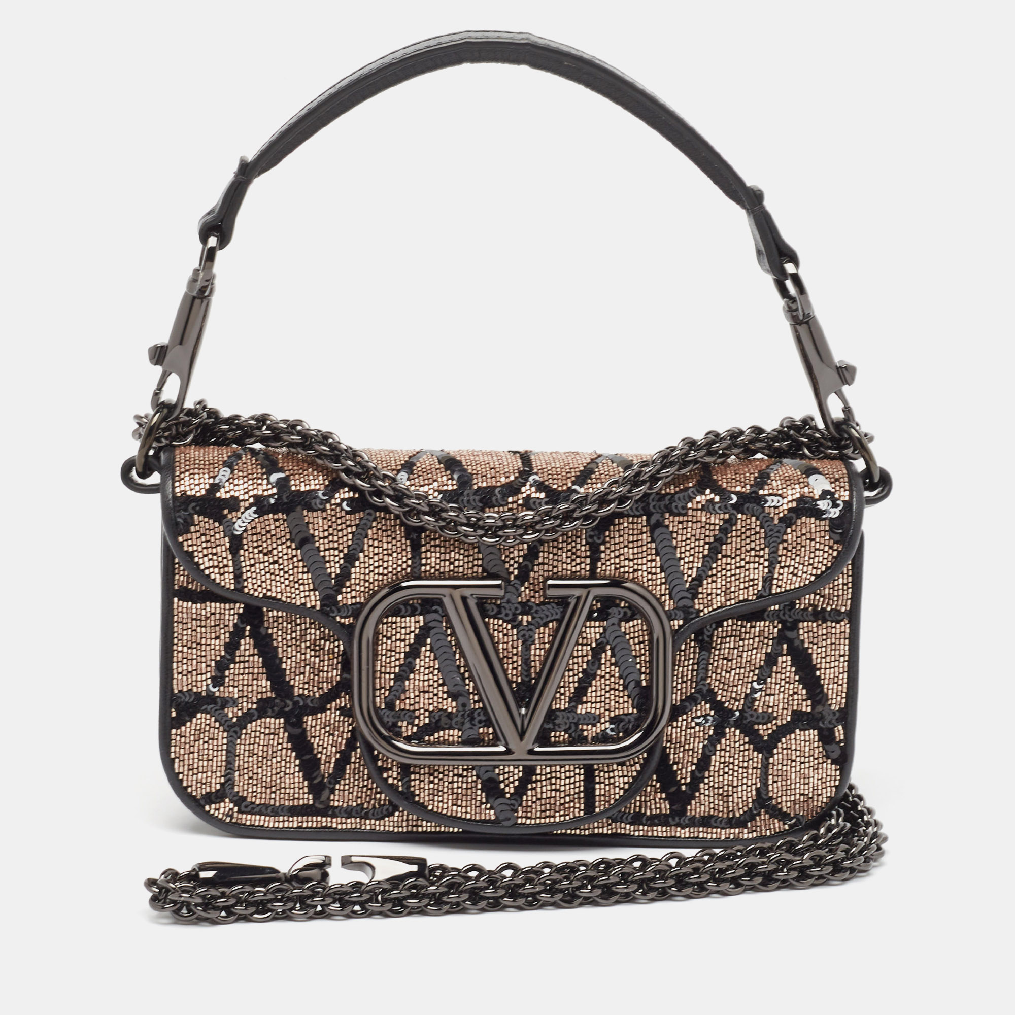 Valentino black/metallic sequence and leather small loc&ograve; toile iconographe bag
