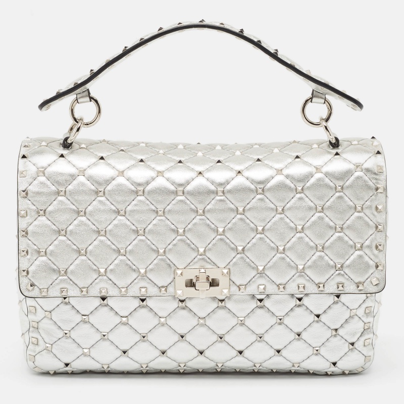 Valentino silver quilted leather large rockstud spike top handle bag