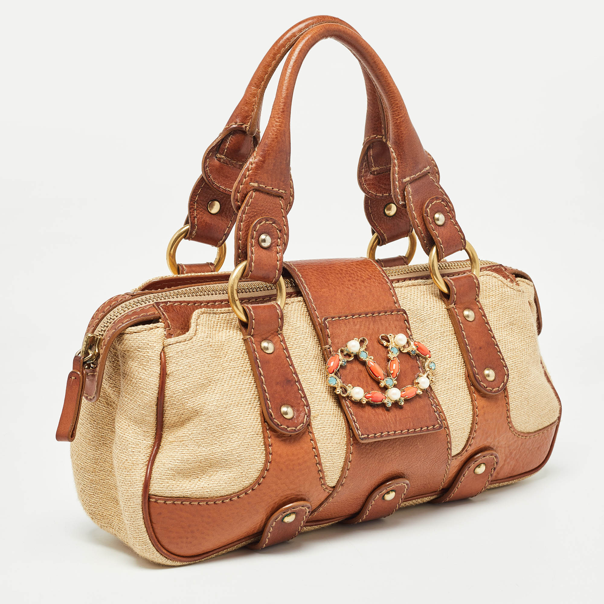 Valentino Brown/Beige Canvas And Leather VLogo Embellished Catch Bag