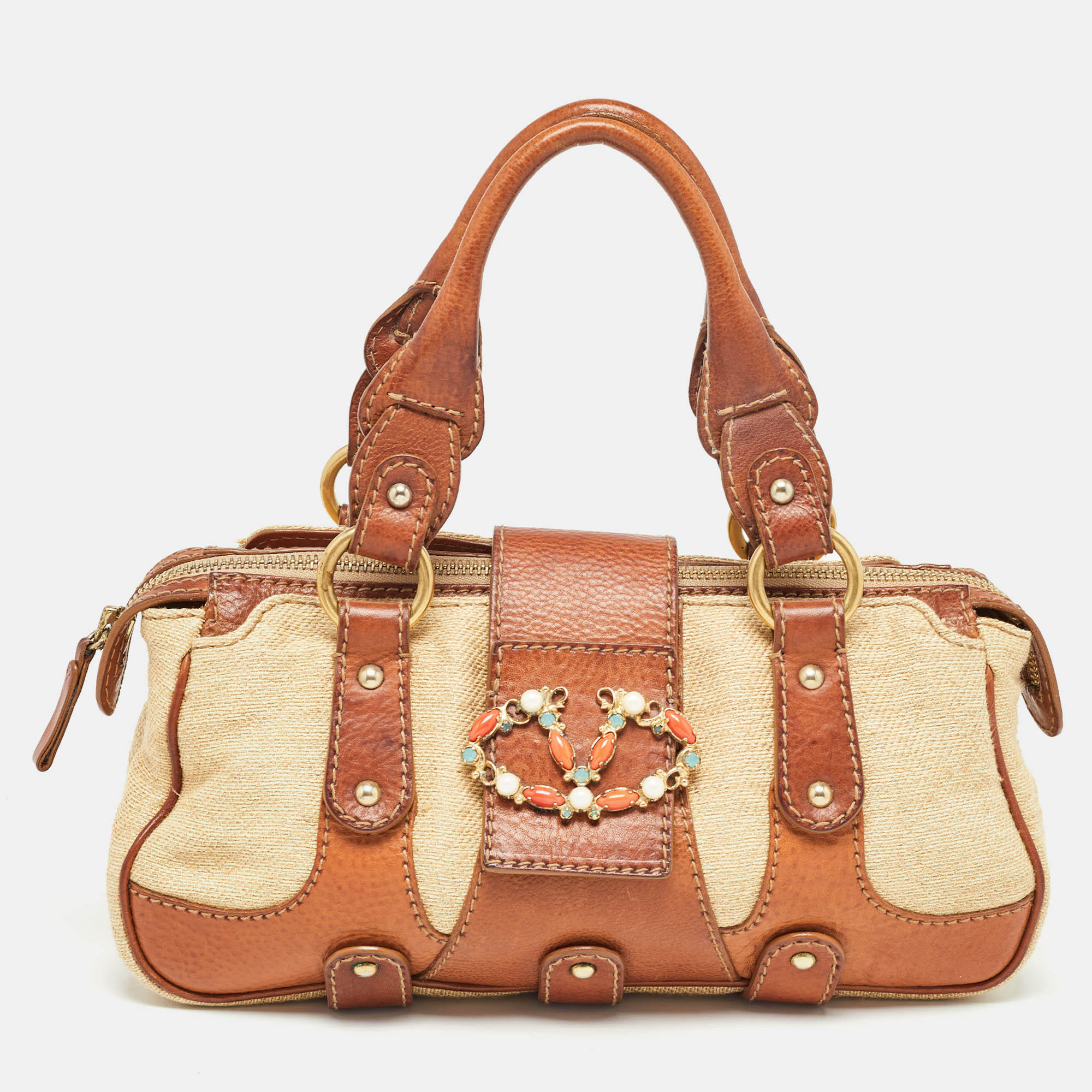 Valentino brown/beige canvas and leather vlogo embellished catch bag