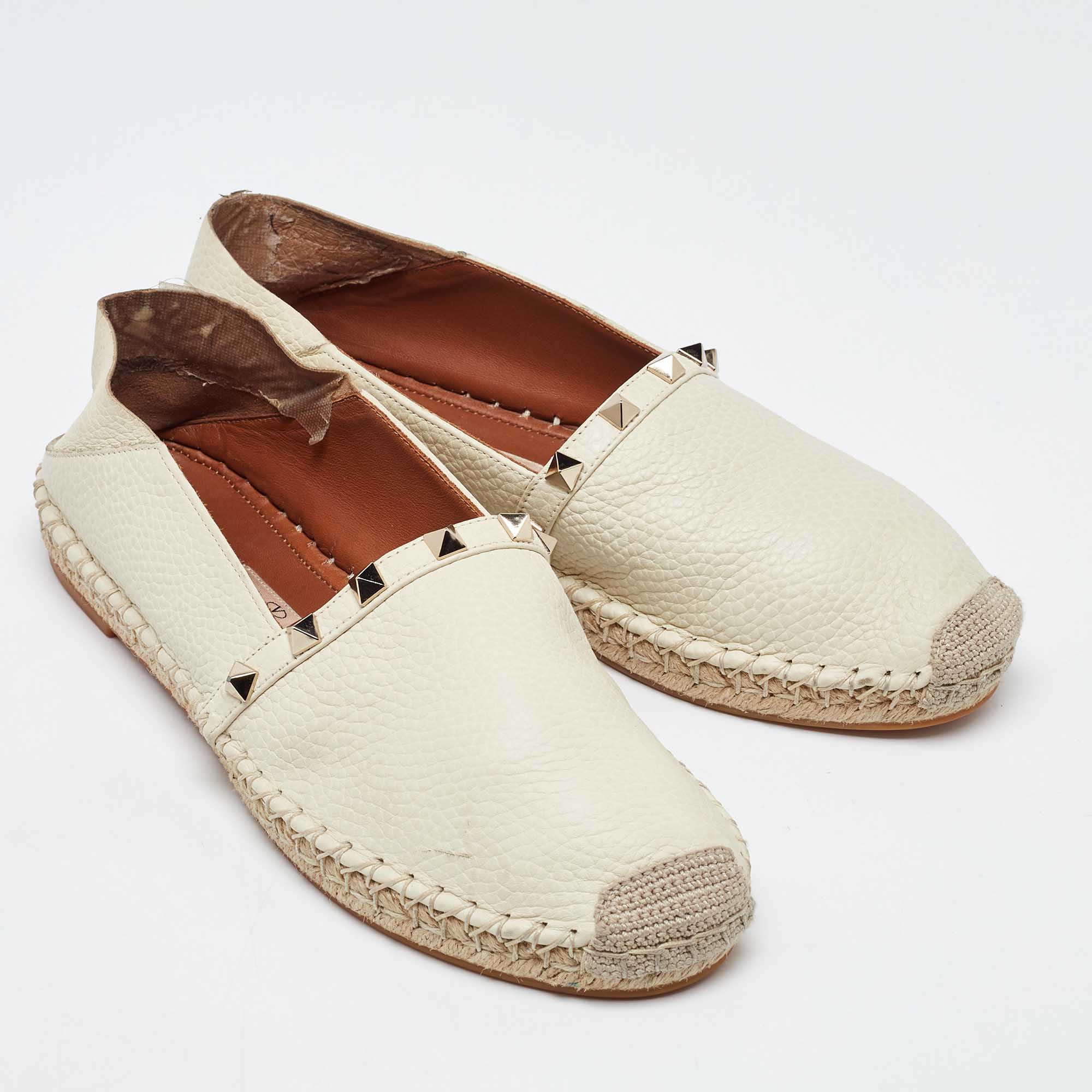 Valentino Cream Leather Rockstud  Espadrille Flats Size 38