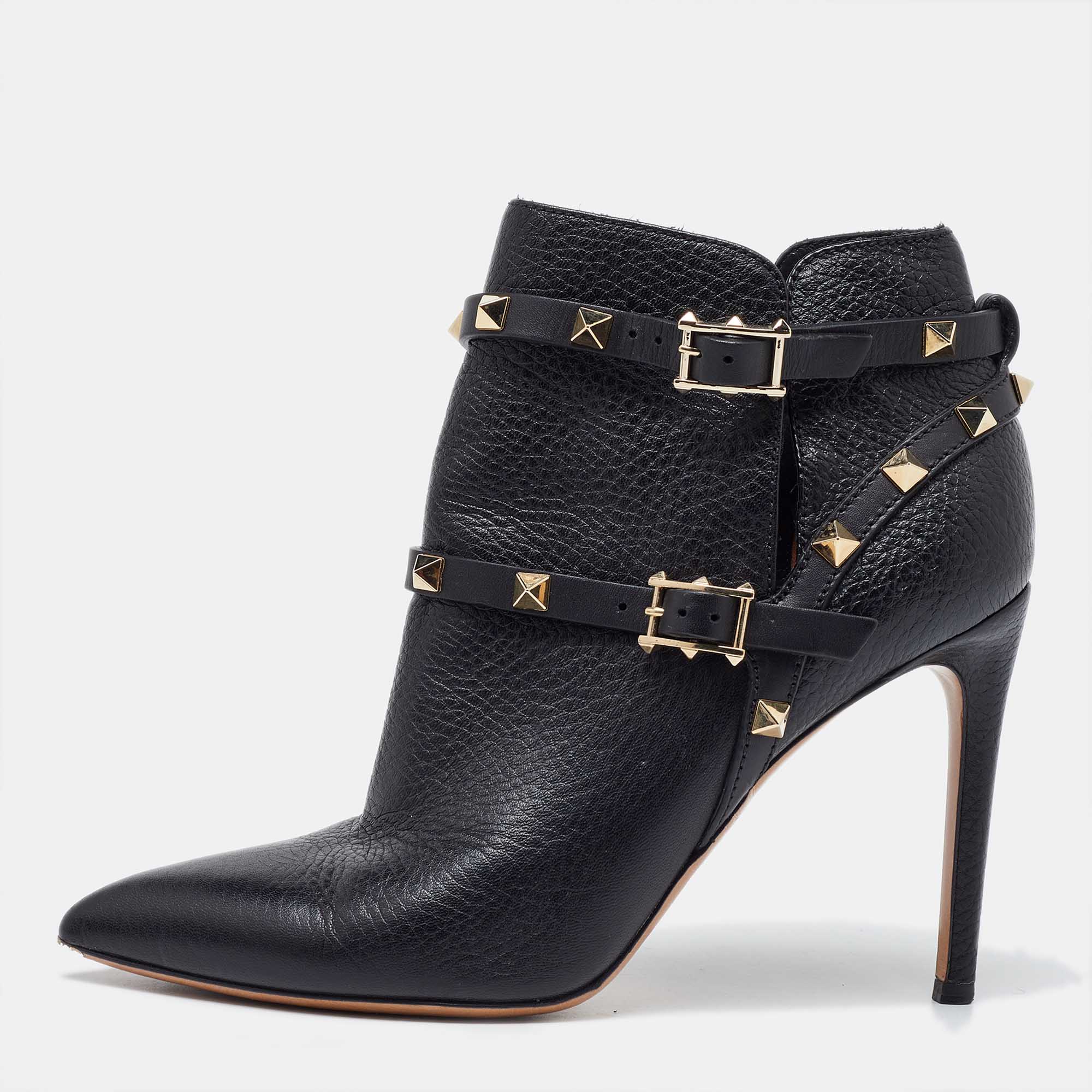 Valentino black leather rockstud pointed toe ankle boots size 37